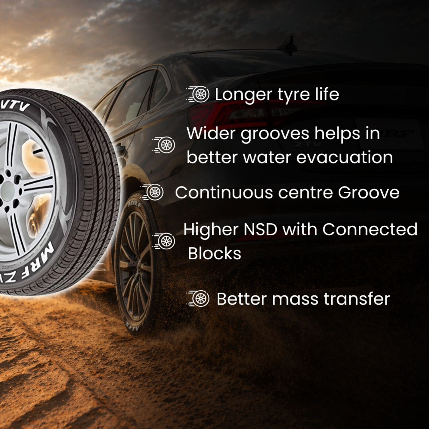 Image of MRF 185 /60R15 84H ZVTV TUBE LESS 4 Wheeler Tyre