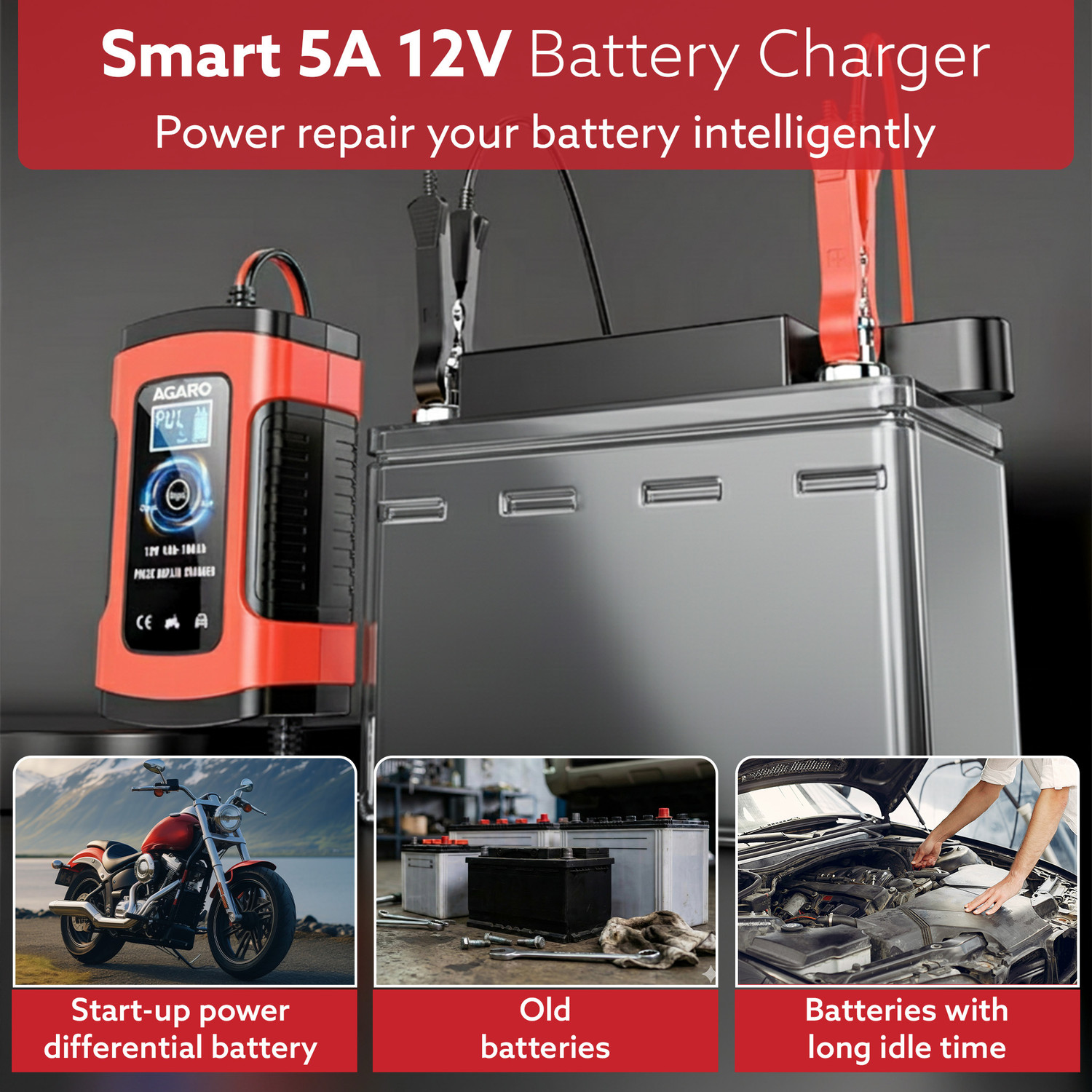 Image of AGARO Car Battery Charger, 12V, 5A, Fully Automatic, Smart Car & Bike Battery Charger Vehicle Tool Kit