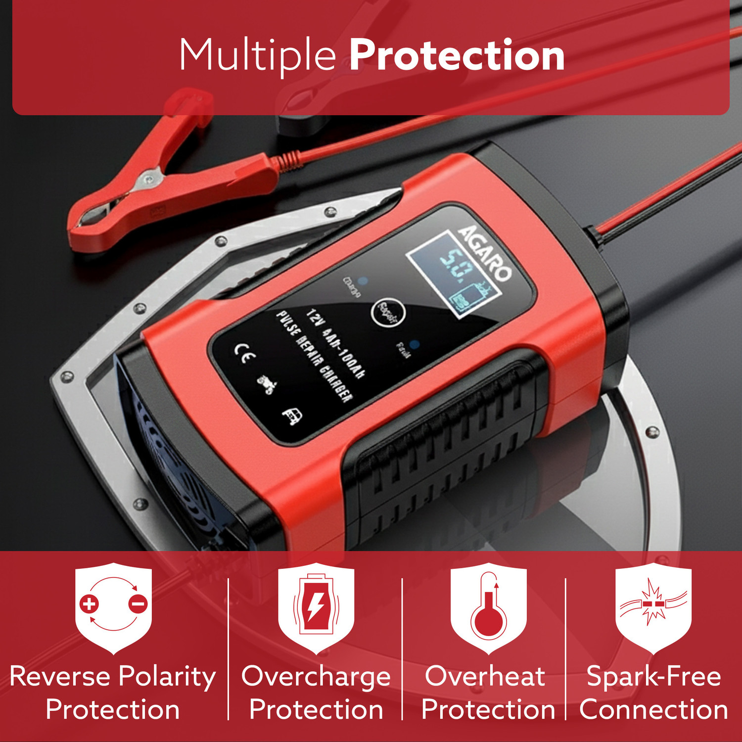 Image of AGARO Car Battery Charger, 12V, 5A, Fully Automatic, Smart Car & Bike Battery Charger Vehicle Tool Kit