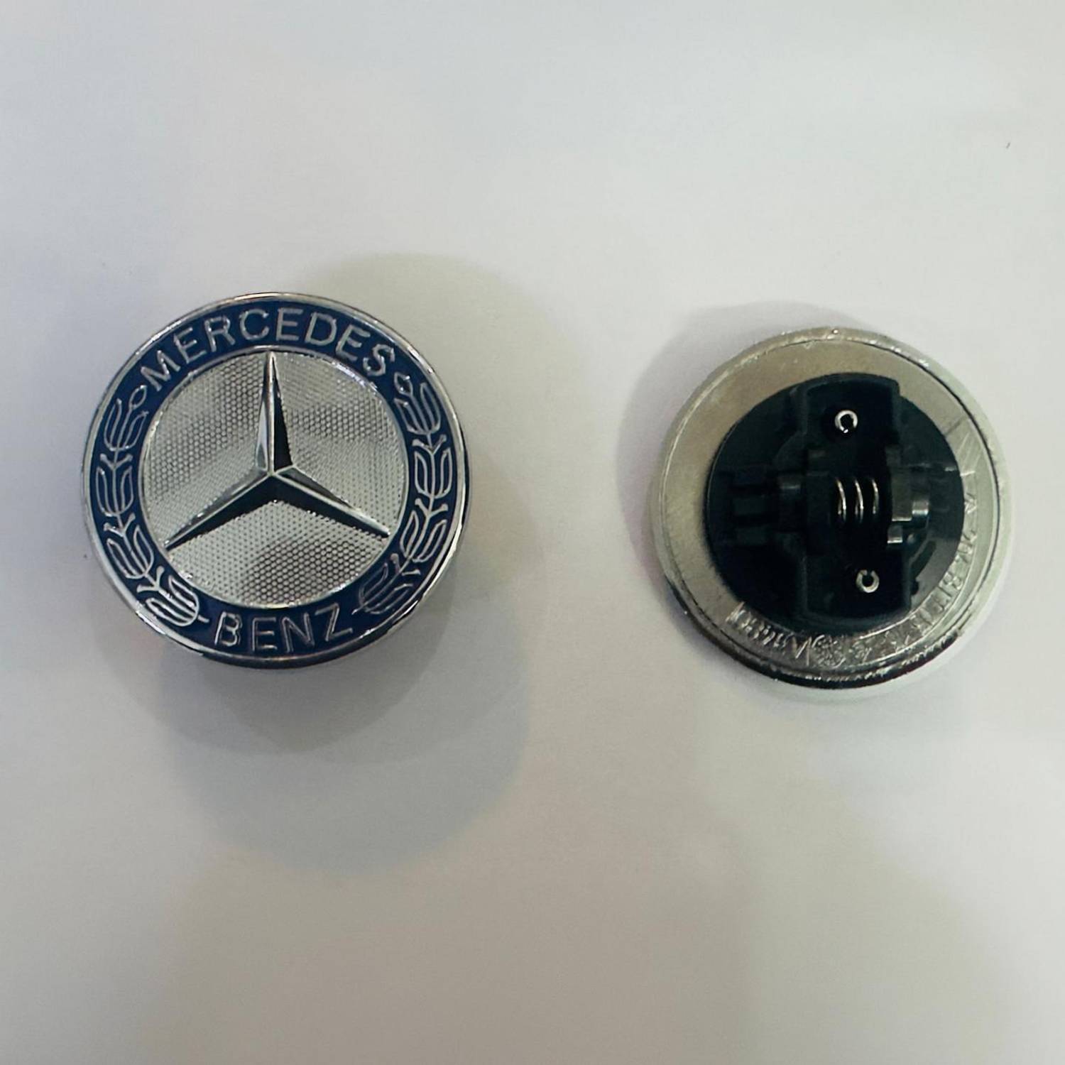 Auto MT Mercedes, Chrome-Blue, Star Emblem Benz Front-Hood, Ornament Badge 3D Logo. Spring Leaf