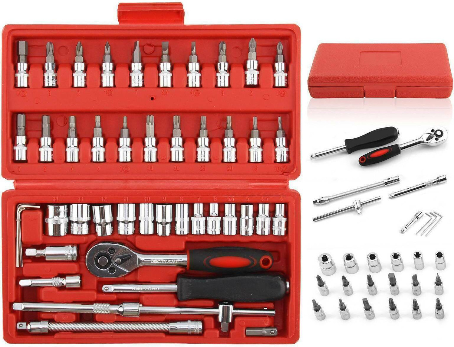 Image of ATOOLS 46Pcs 1 /4 inchinch Ratchet Socket Spannar Set with Extension Rod and Carry Box for Automobiles /Bike /Car Repair Tools Kit Vehicle Tool Kit