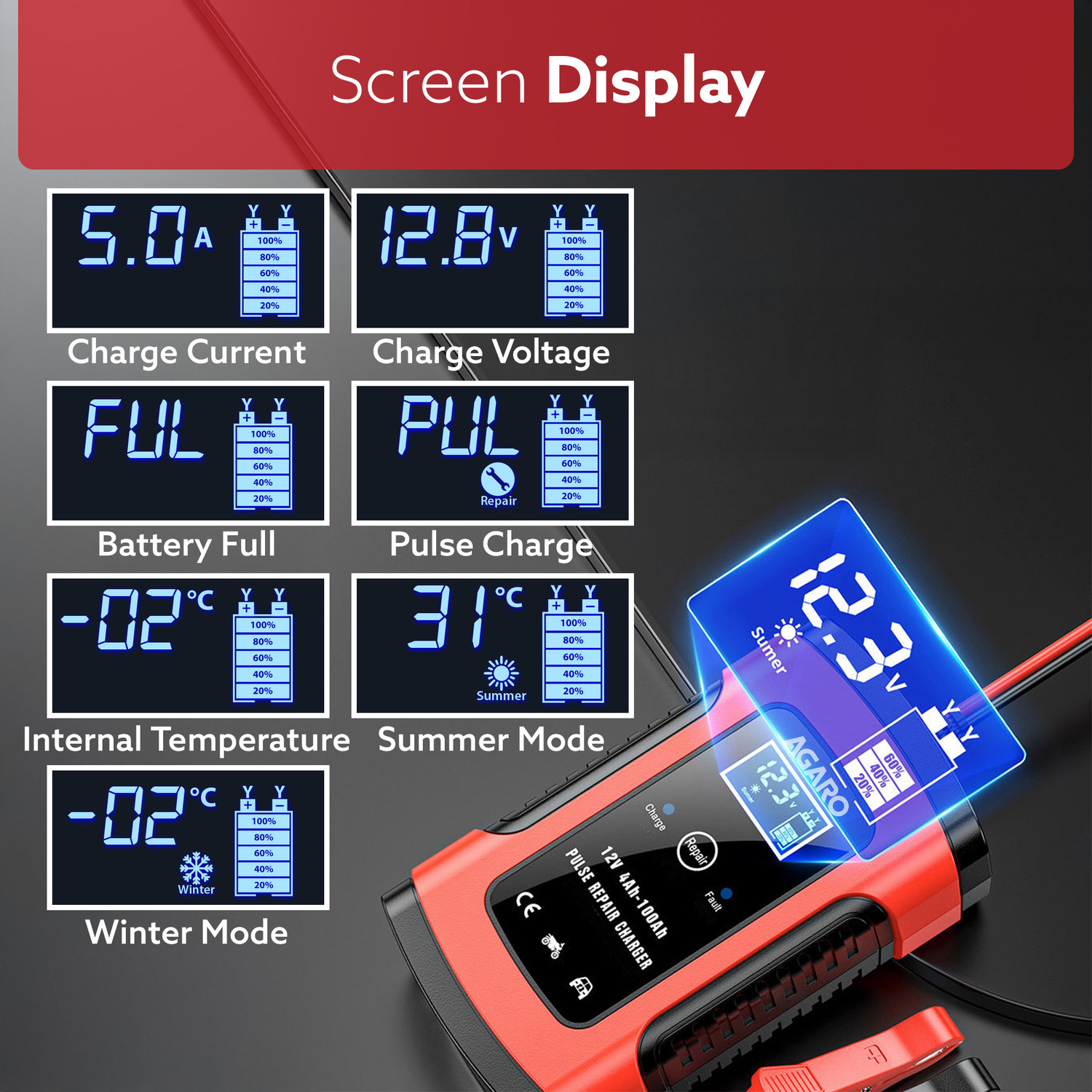 Image of AGARO Car Battery Charger, 12V, 5A, Fully Automatic, Smart Car & Bike Battery Charger Vehicle Tool Kit