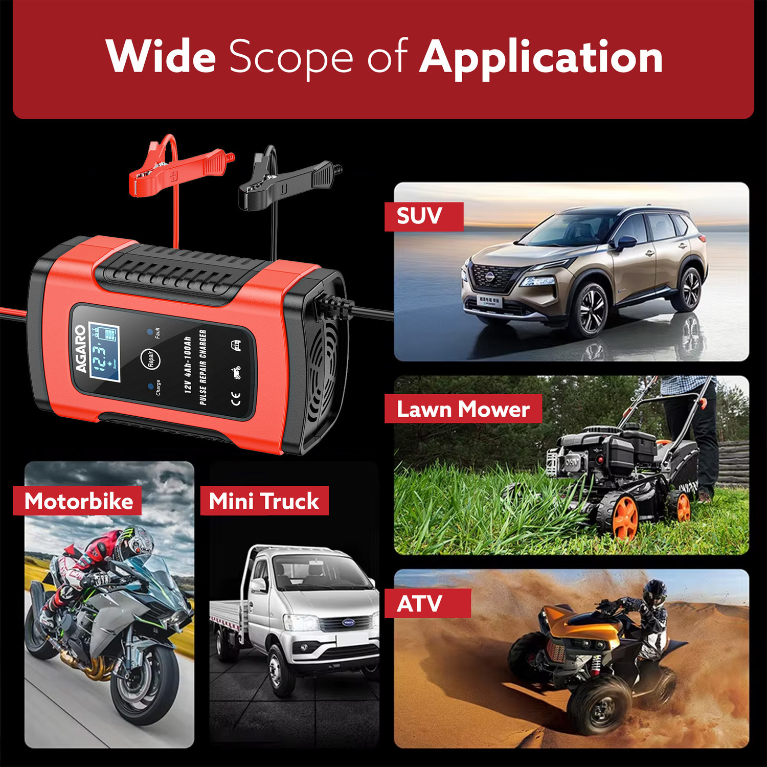 Image of AGARO Car Battery Charger, 12V, 5A, Fully Automatic, Smart Car & Bike Battery Charger Vehicle Tool Kit
