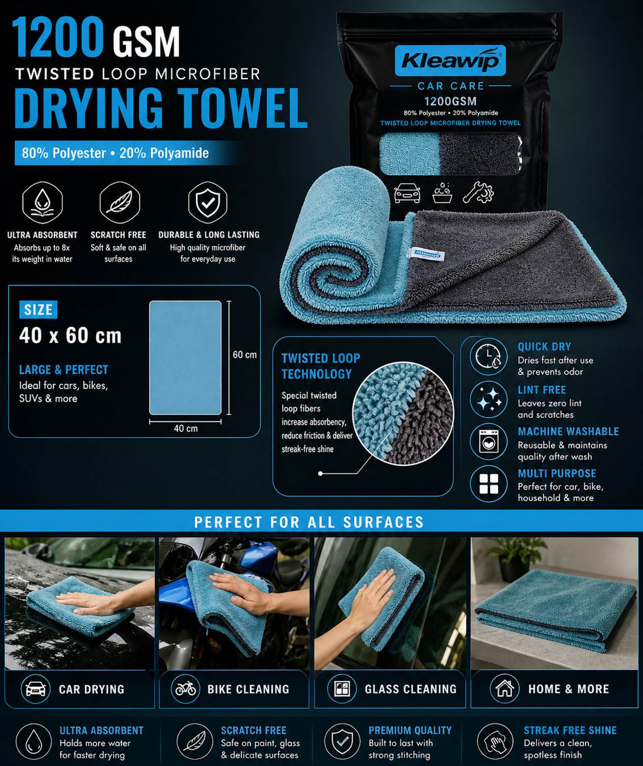 Image of Kleawip Microfiber Vehicle Washing Cloth