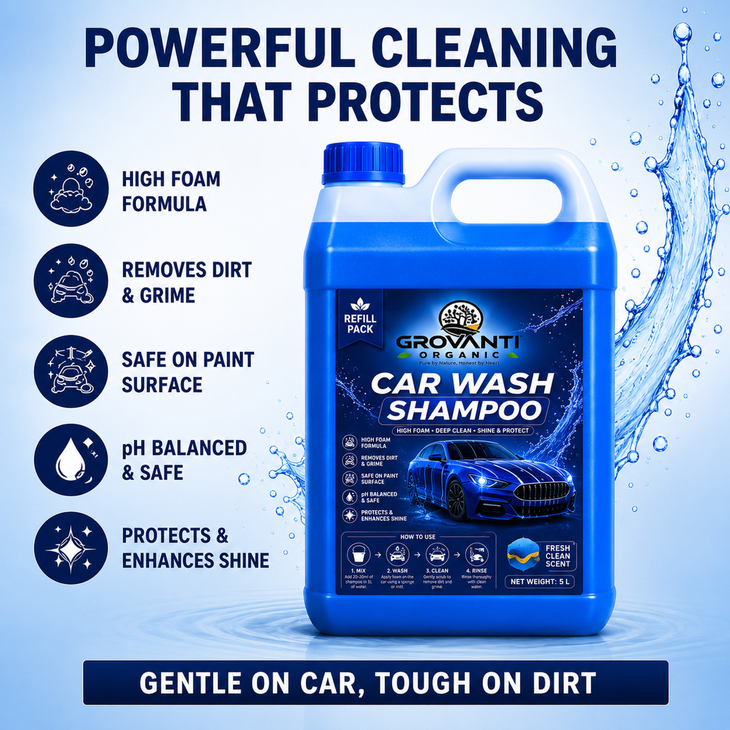 Image of GROVANTI ORGANIC Car Wash Shampoo Liquid Green Apple | High Foam pH Balanced for Car & Bike Car Washing Liquid