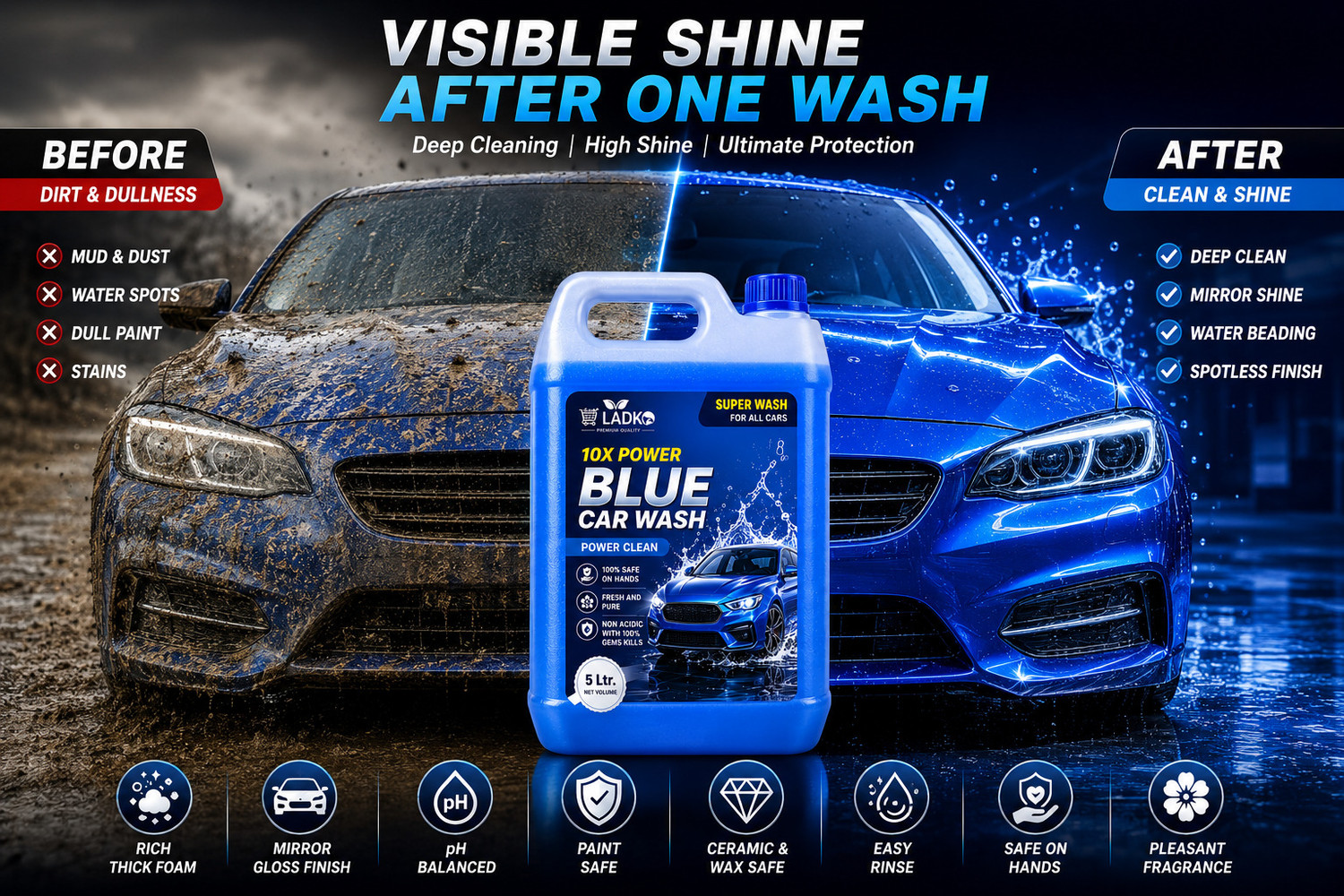 Image of Ladko 10X Power Blue Car Wash Shampoo 4.9L | Paint Safe | Wax & Ceramic Coating Safe Car Washing Liquid