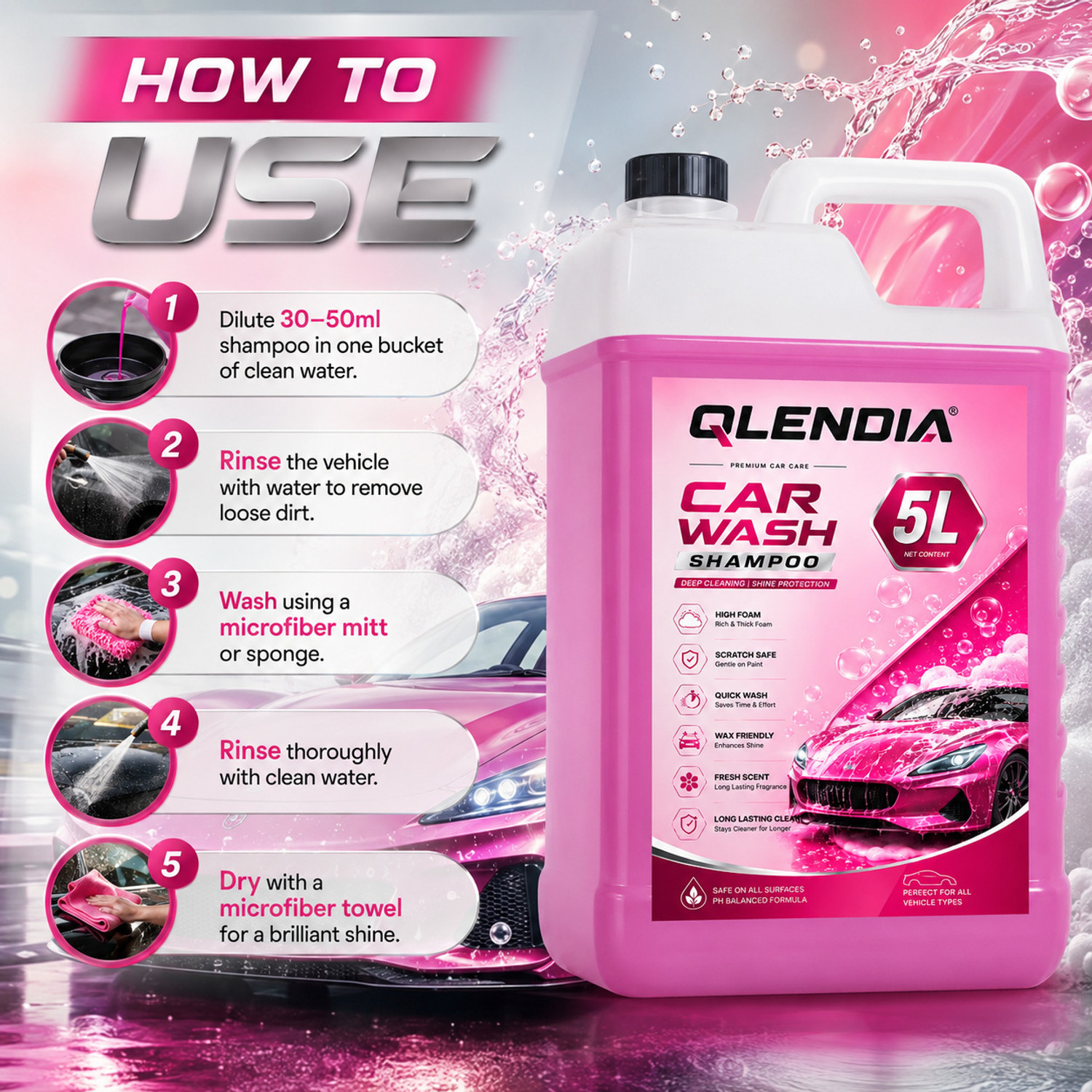 Image of Qlendia High Foam Car Wash Shampoo 5Liter |- Shiny & Clean Finish Car Washing Liquid