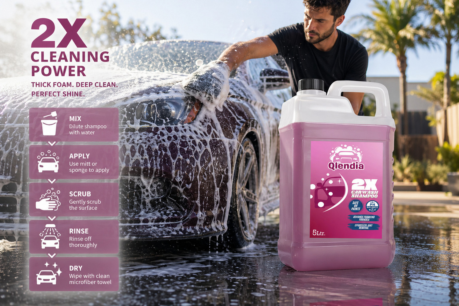 Image of Qlendia High Foam Car Wash Shampoo 5Liter | Shiny & Clean Finish Car Washing Liquid