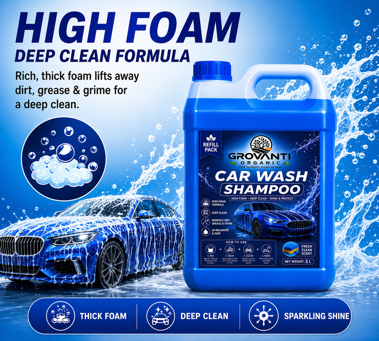 Image of GROVANTI ORGANIC Car Wash Shampoo Liquid Green Apple | High Foam pH Balanced for Car & Bike Car Washing Liquid