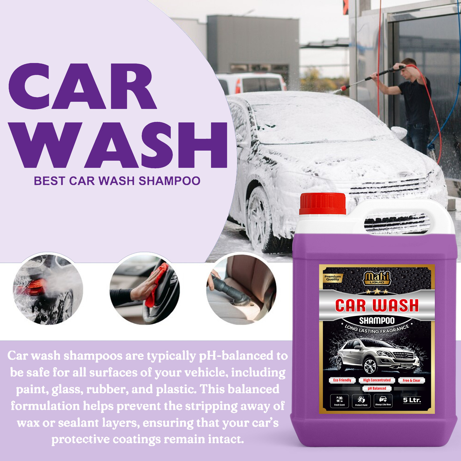 Image of mahiliquid Lavender Car Wash Shampoo | High Foam Cleaning & Glossy Shine Formula Car Washing Liquid