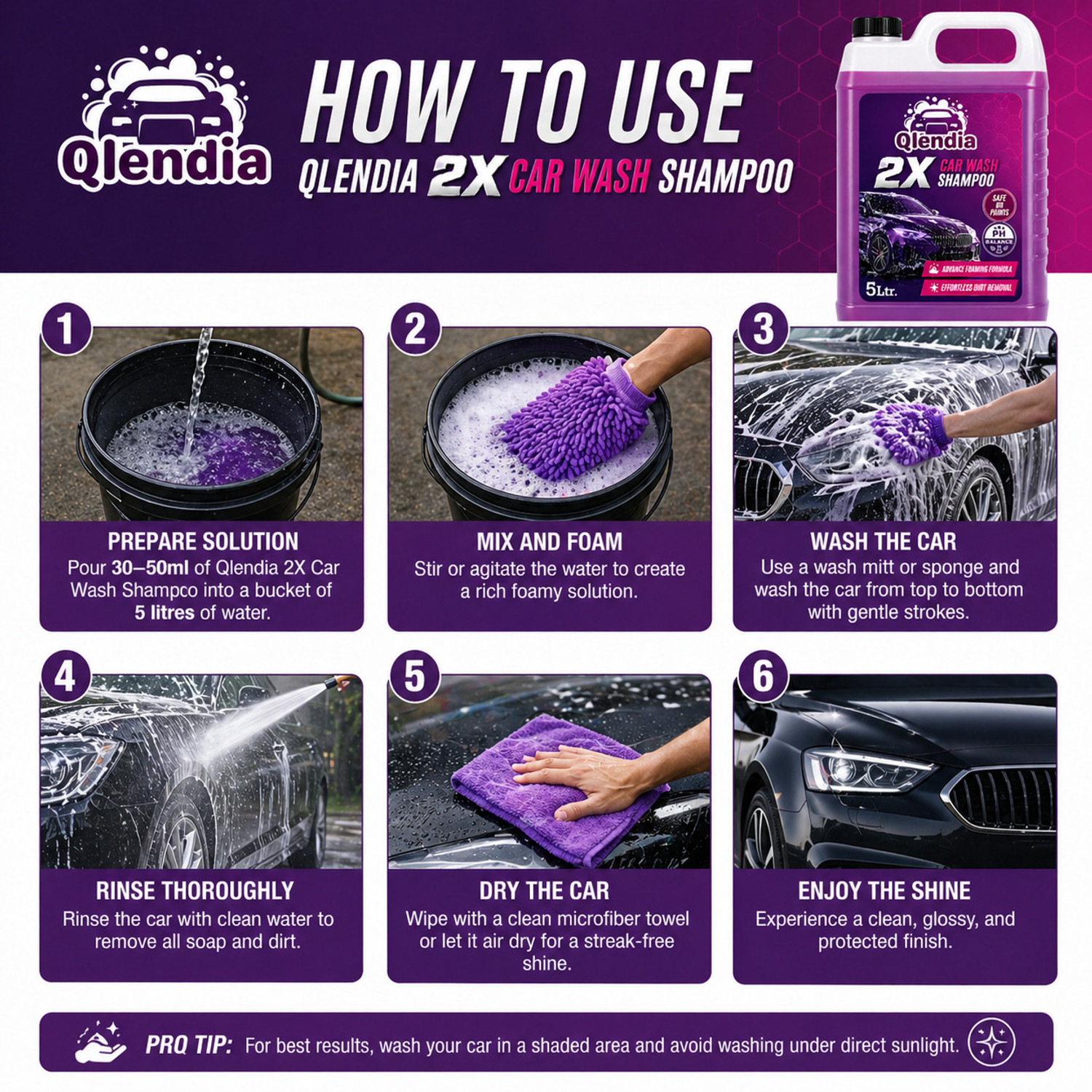 Image of Qlendia Car Wash Shampoo Concentrate - Shine Enhancing Formula, Thick Foam, pH Neutral Car Washing Liquid