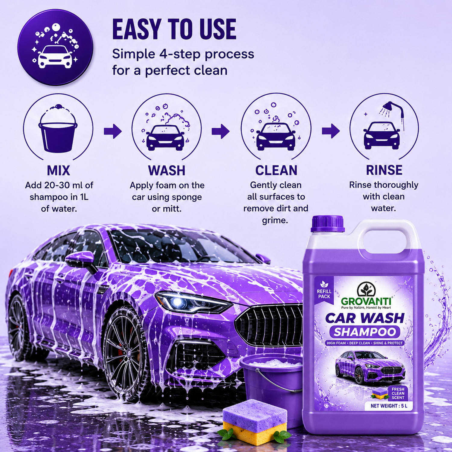 Image of GROVANTI ORGANIC Car Shampoo Concentrate With Thick Foam To Remove Dirt ,Car Washing Liquid Car Washing Liquid