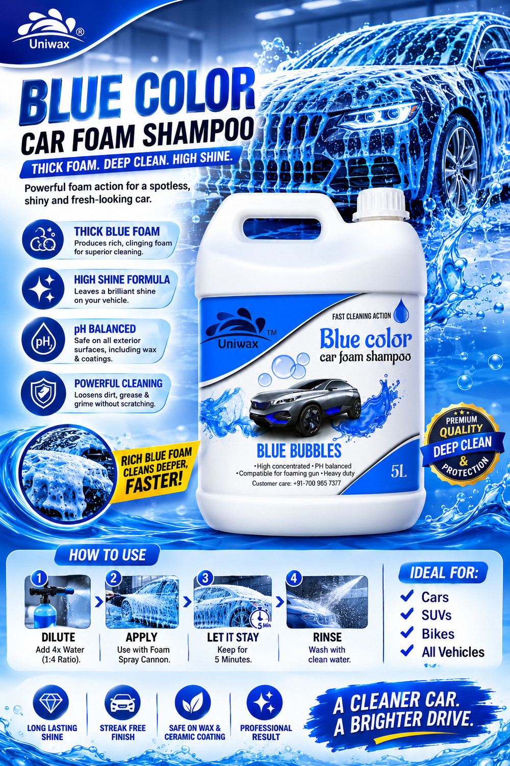 Image of uniwax Blue Color car Foam Shampoo 1kg UNI-CARFOAM-SH Vehicle Interior Cleaner (1000 ml)