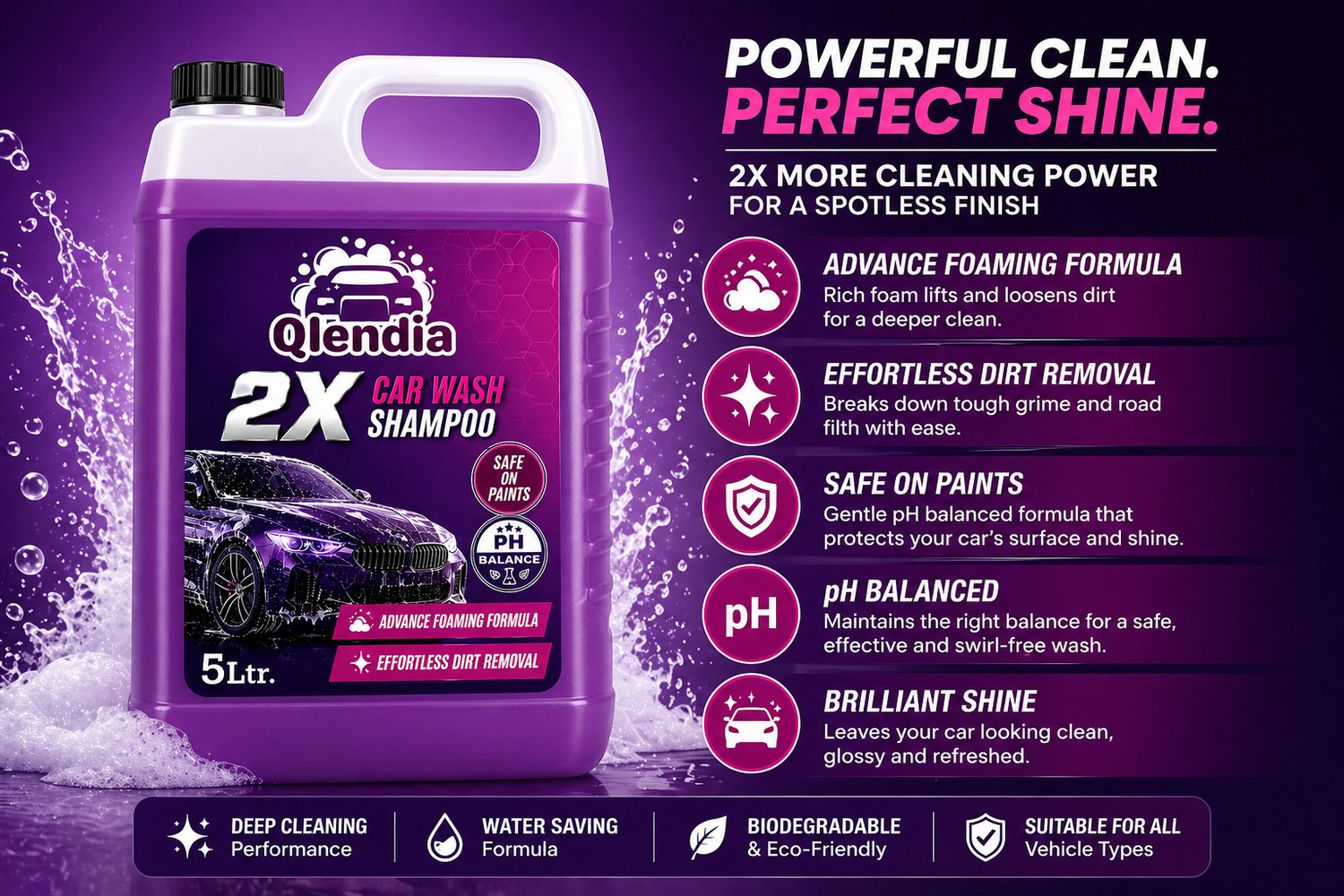 Image of Qlendia Car Wash Shampoo Concentrate - Shine Enhancing Formula, Thick Foam, pH Neutral Car Washing Liquid