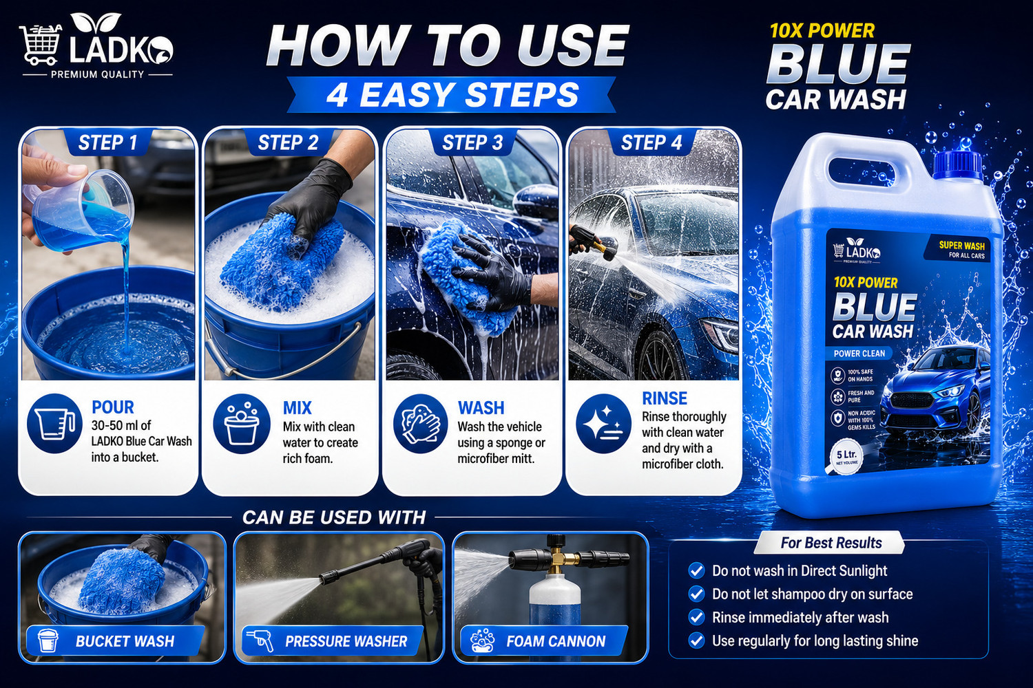 Image of Ladko 10X Power Blue Car Wash Shampoo 4.9L | Paint Safe | Wax & Ceramic Coating Safe Car Washing Liquid