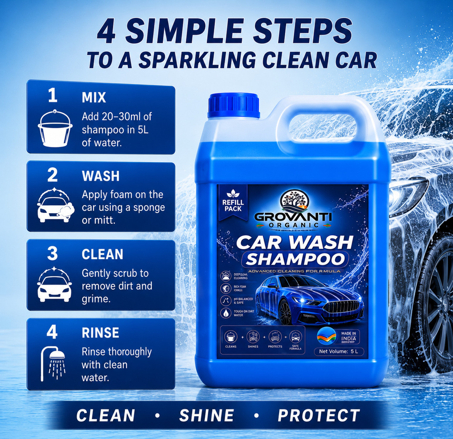 Image of GROVANTI ORGANIC Car Wash Shampoo Liquid Green Apple | High Foam pH Balanced for Car & Bike Car Washing Liquid