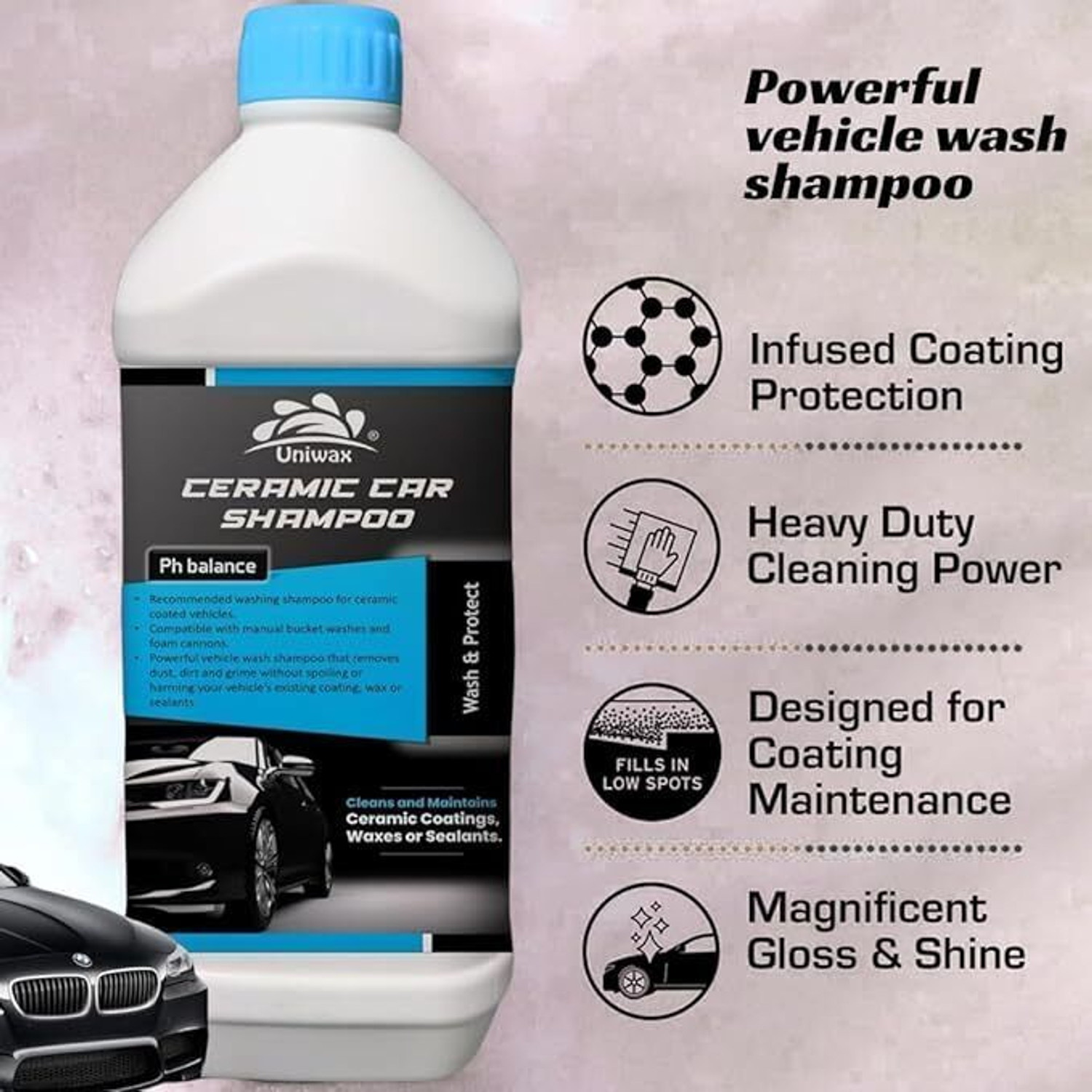 Image of uniwax Premium Ceramic Car Shampoo - Ultra Shine & Protection Car Washing Liquid (1000 ml)