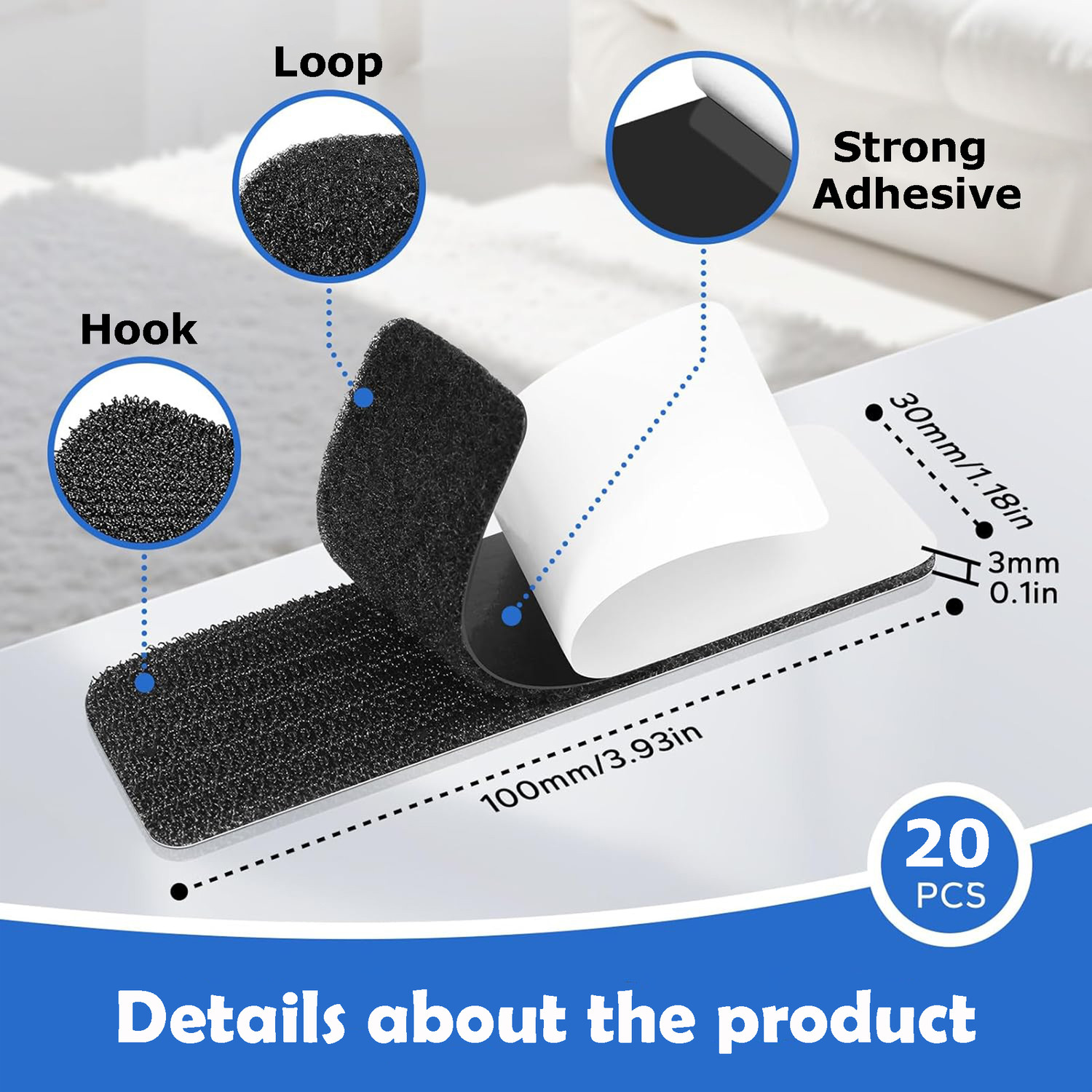 Image of Belanto 20pcs Self Adhesive Hook&Loop Strips Tape 1x4 In Multipurpose Double Sided Tape Stick-on Velcro (Black)