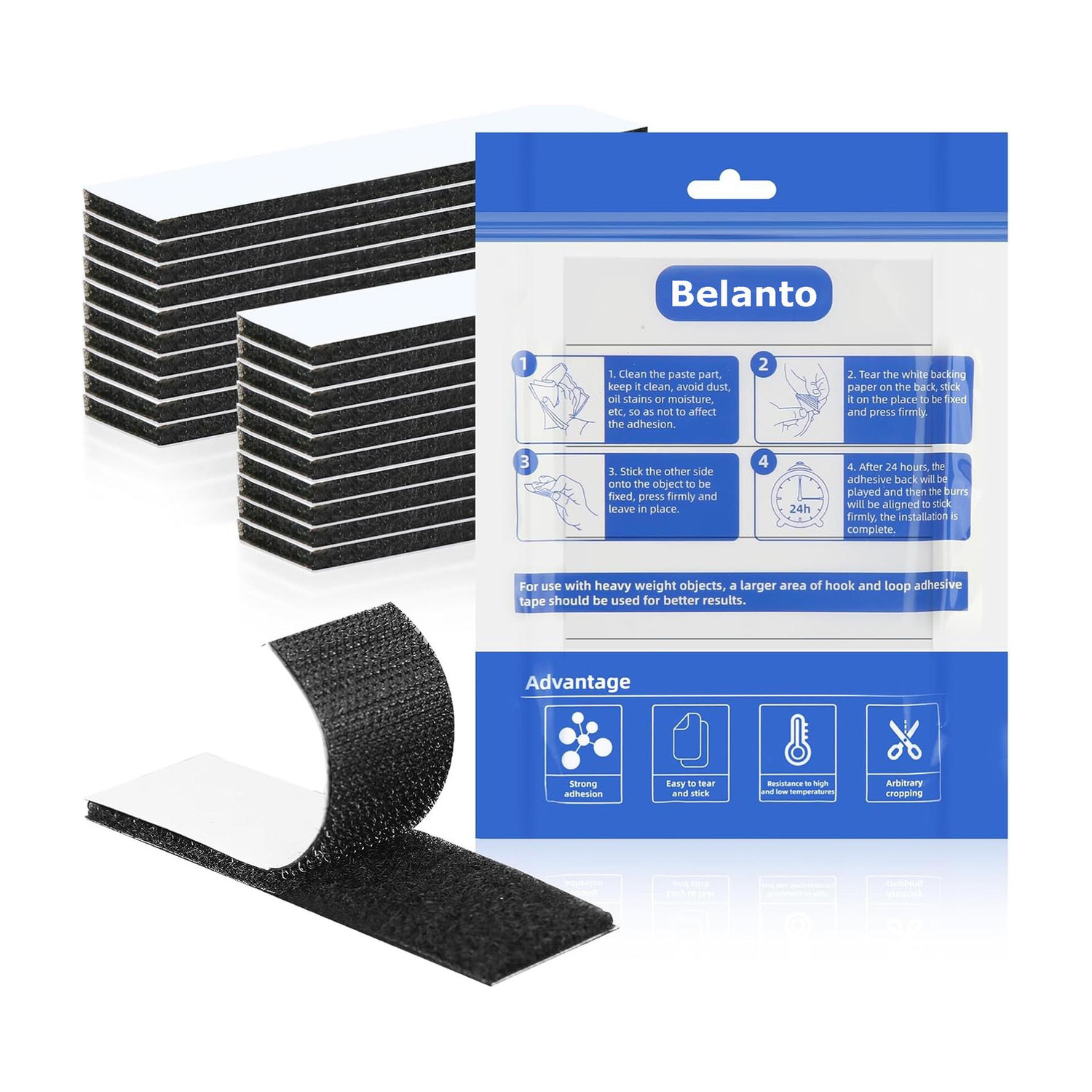 Image of Belanto 20pcs Self Adhesive Hook&Loop Strips Tape 1x4 In Multipurpose Double Sided Tape Stick-on Velcro (Black)