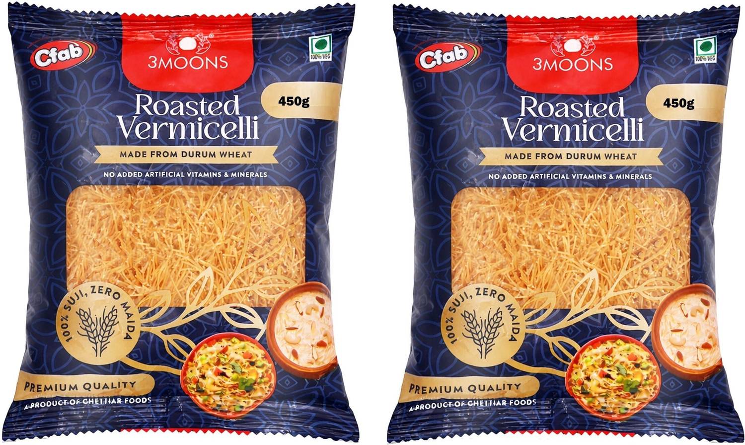 3MOONS Durum Wheat Roasted -450g (Pack of 4) Sev For Kheer, Upma| 100% Sooji Vermicelli 1.82 kg