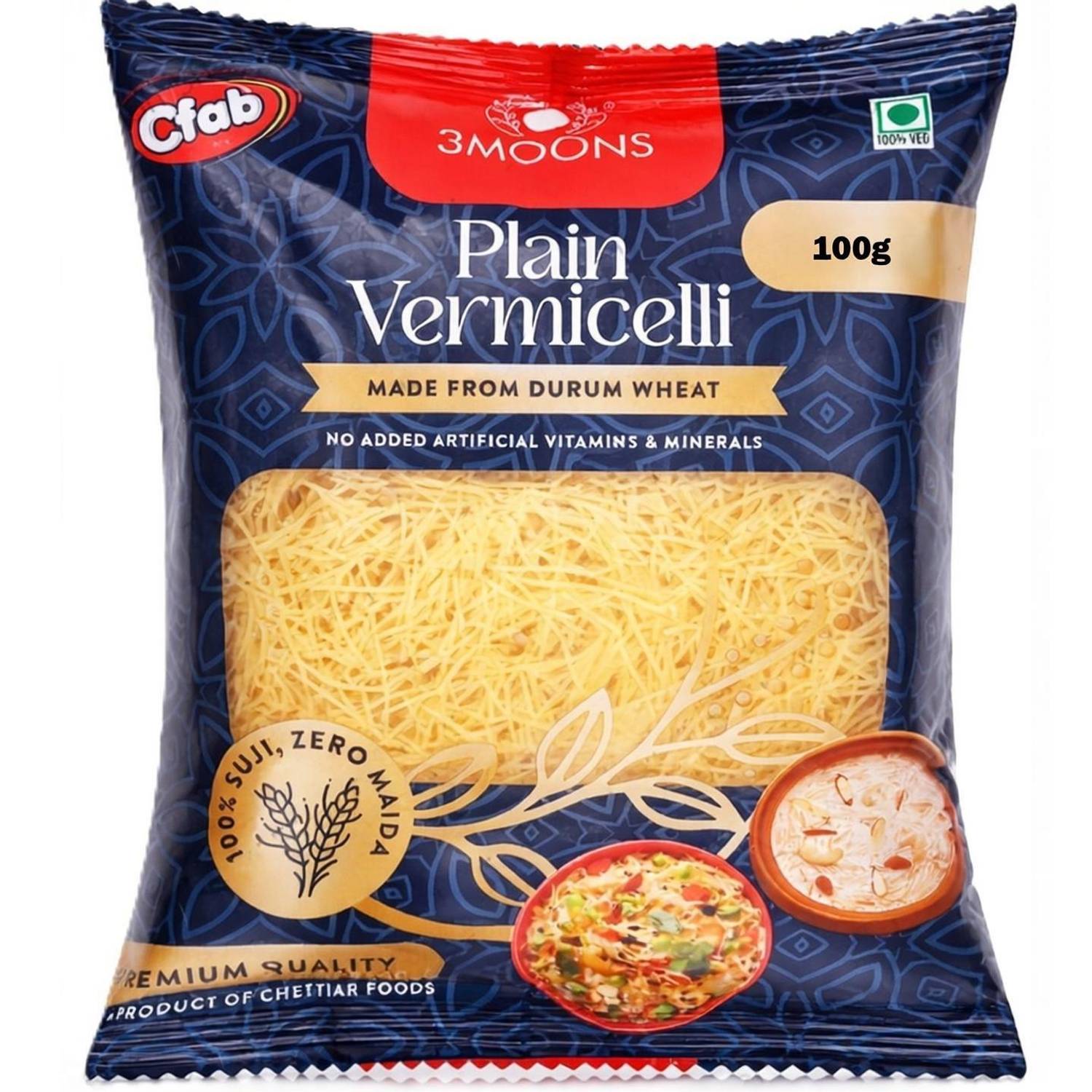 3MOONS Durum Wheat Plain -100g (Pack of 10) Sev For Kheer, Upma | 100% Sooji Vermicelli 1 kg