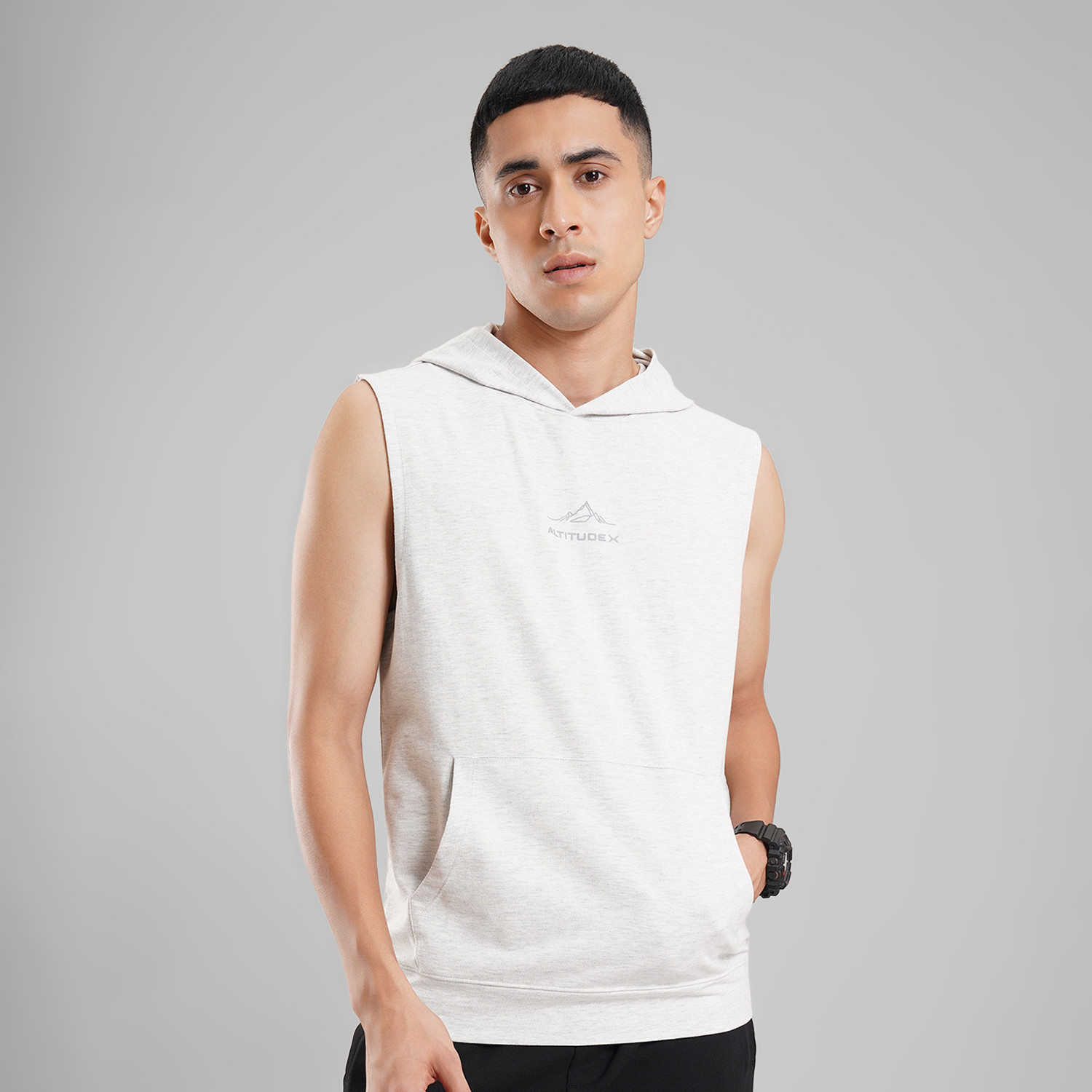 Image of Ajile By Pantaloons Solid Men Hooded Neck Grey T-Shirt