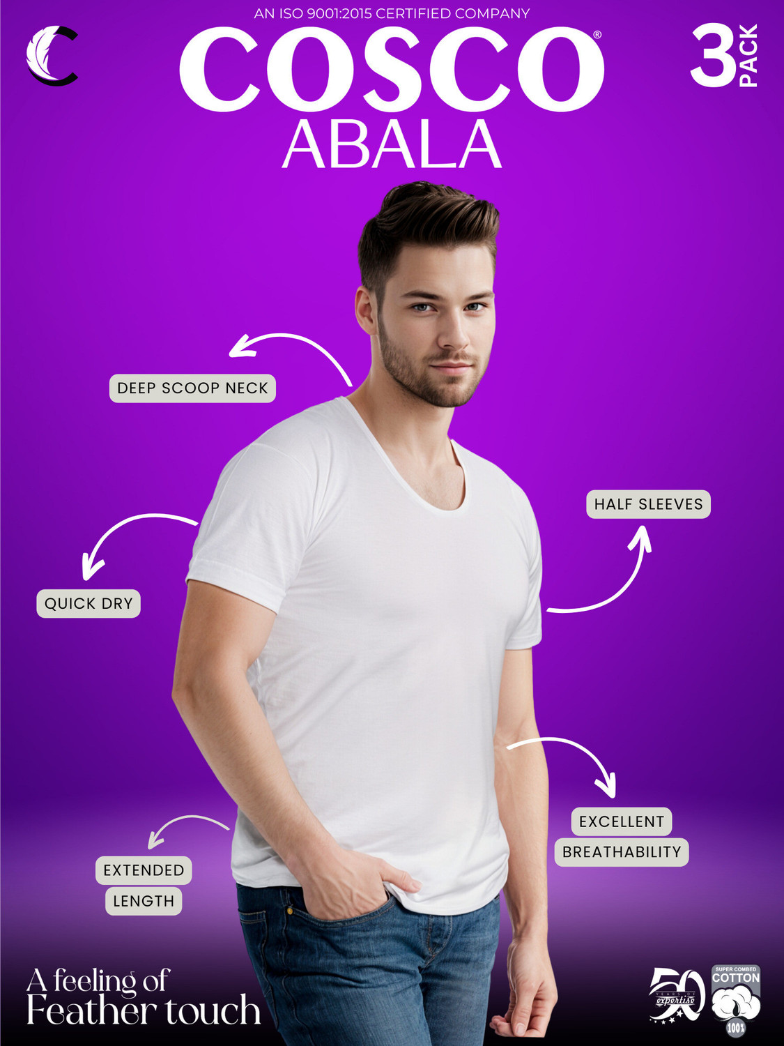Image of COSCO Pack of 3 COSCO ABALA RNS 100% Combed Cotton White Half Sleeve Baniyan Ganji Men Vest