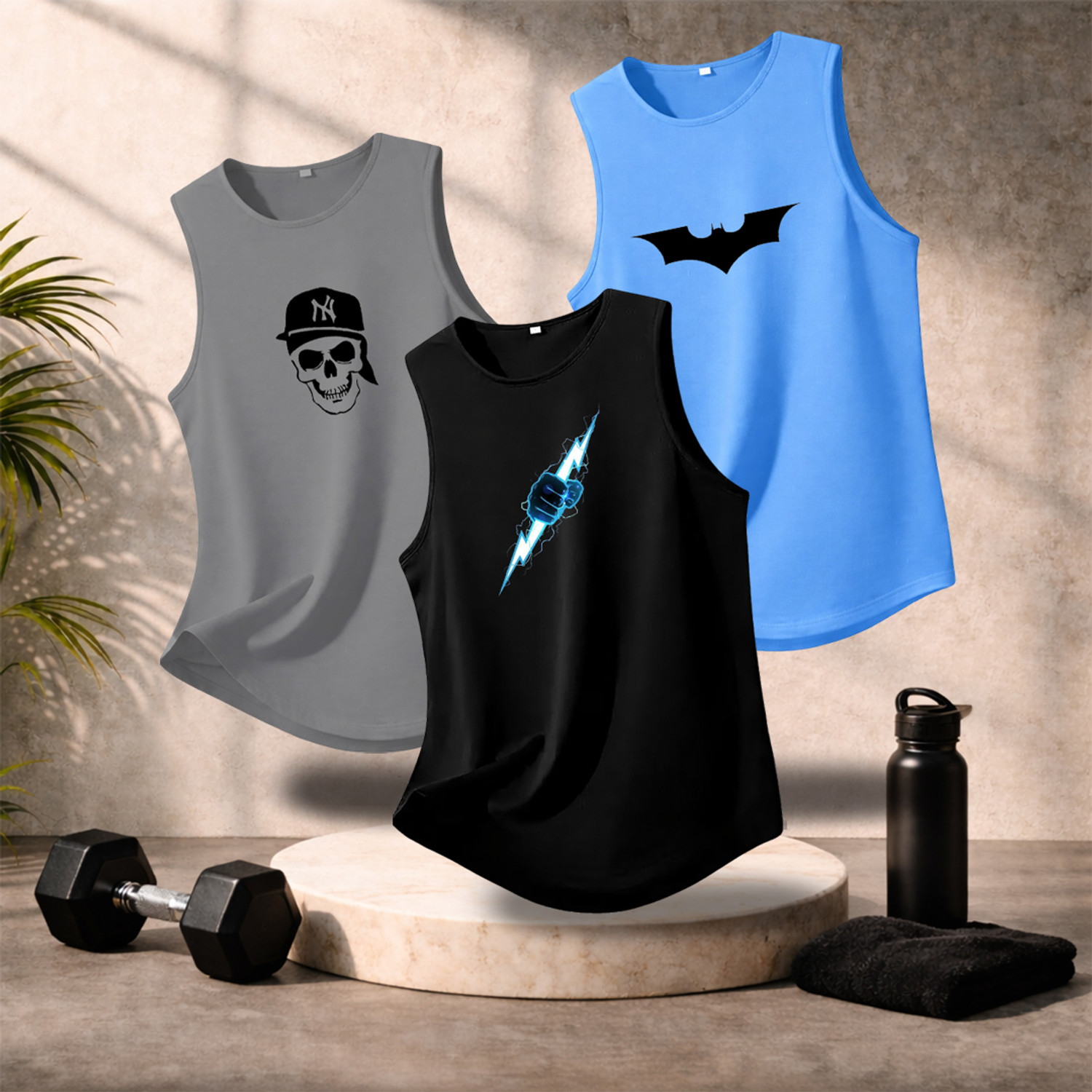 Boxman Printed Men Round Neck Grey, Black, Light Blue T-Shirt