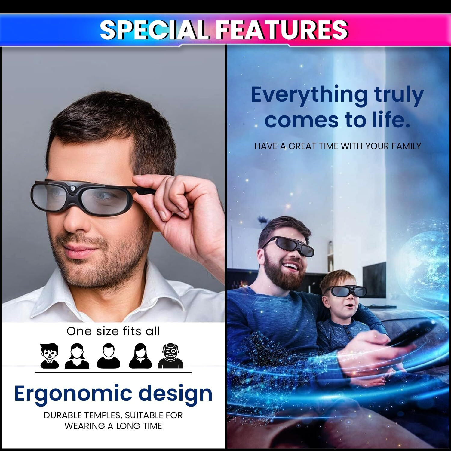 Image of amiciVision 3D Eyewear for DLP Link 3D Projectors, 144Hz Rechargeable Active Shutter Video Glasses