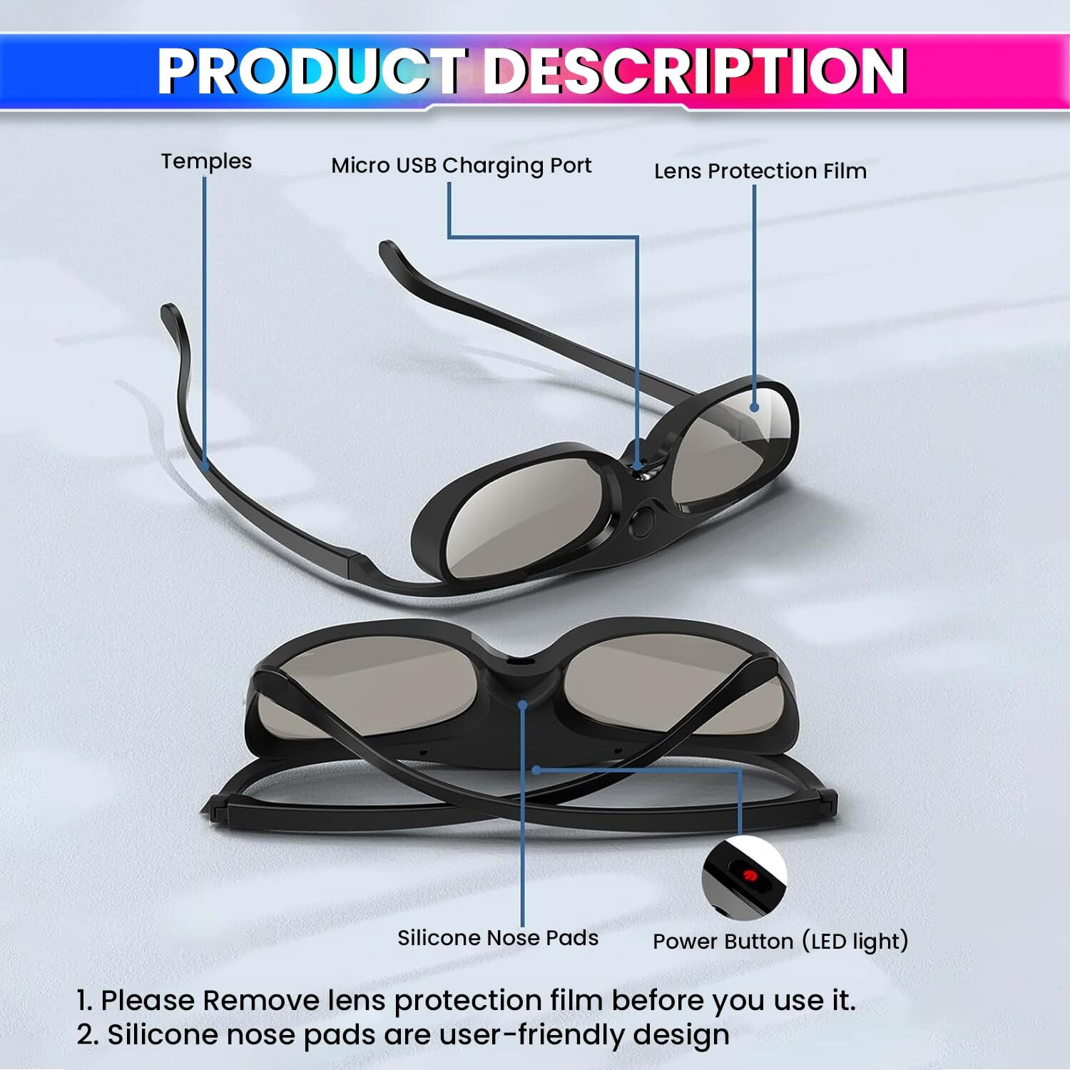 Image of amiciVision 3D Eyewear for DLP Link 3D Projectors, 144Hz Rechargeable Active Shutter Video Glasses