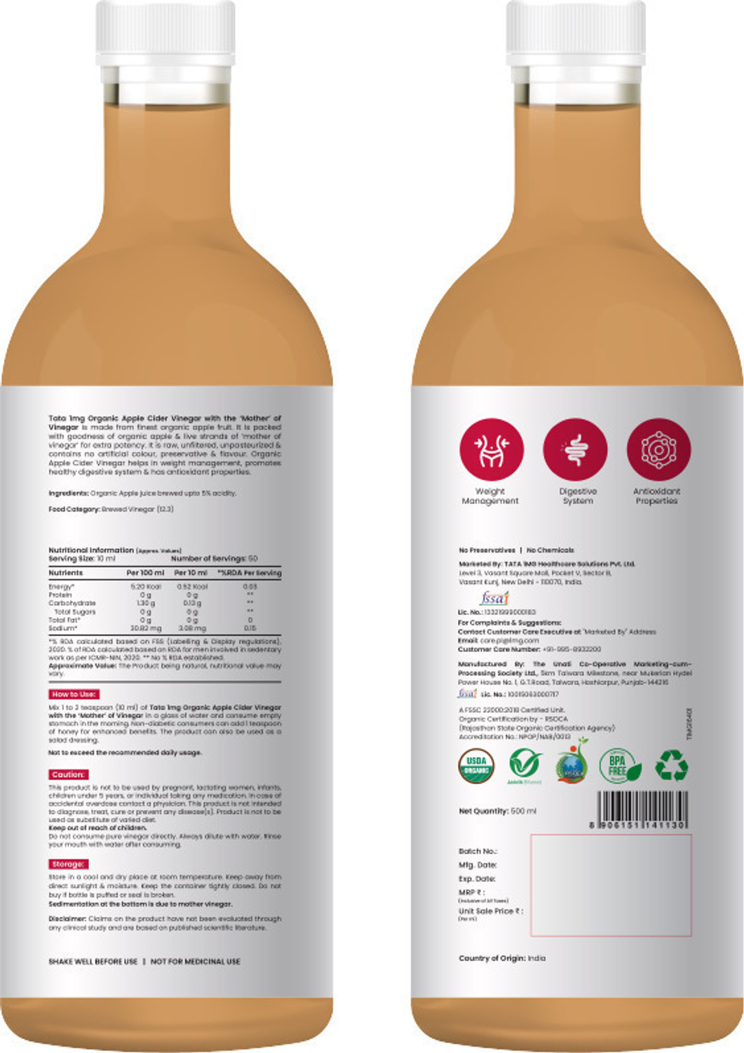 Image of TATA 1mg Organic Apple Cider Vinegar with the Mother of Vinegar Vinegar
