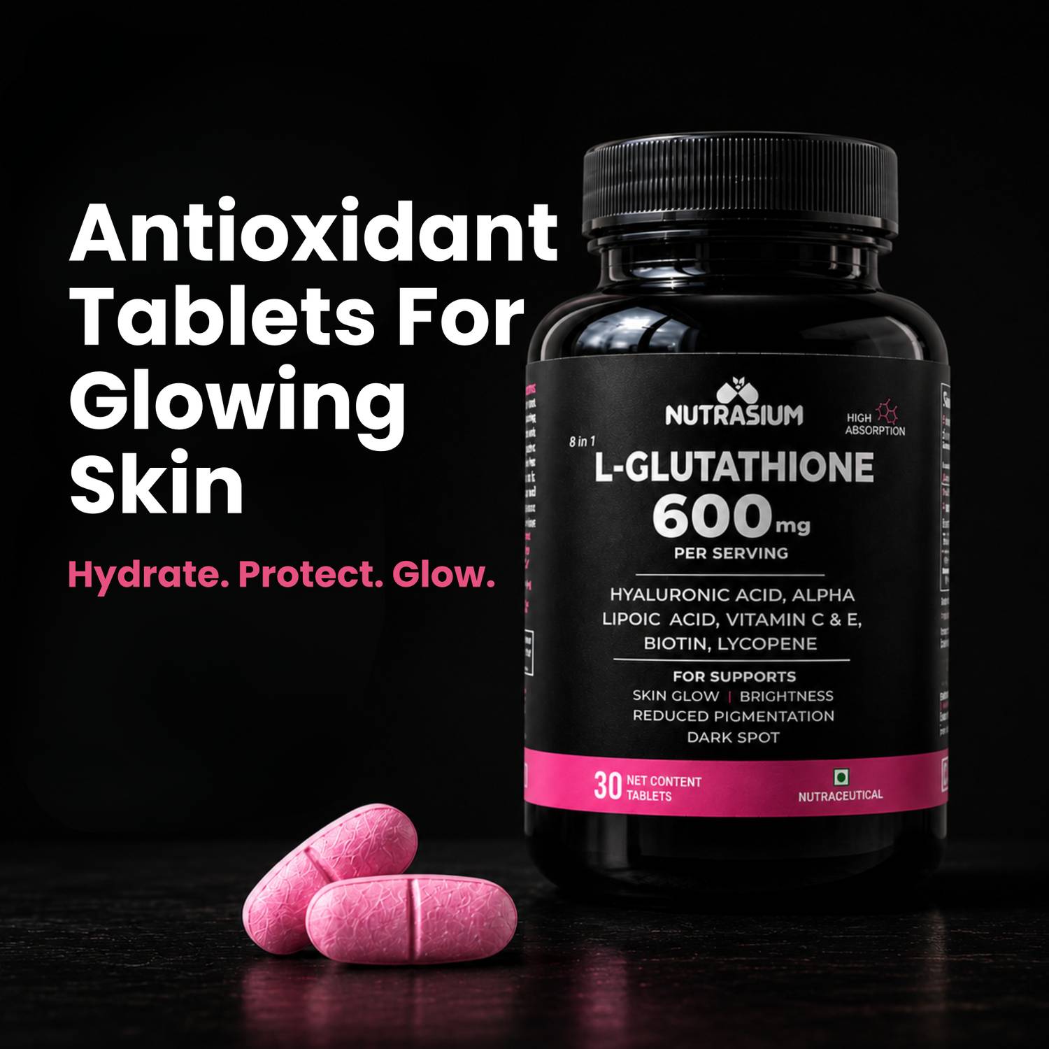 glutathione 600mg tablets NUTRASIUM Glutathione 600 mg, For Skin Glow & Whitening, 8-Antioxidants  Blend Price in India