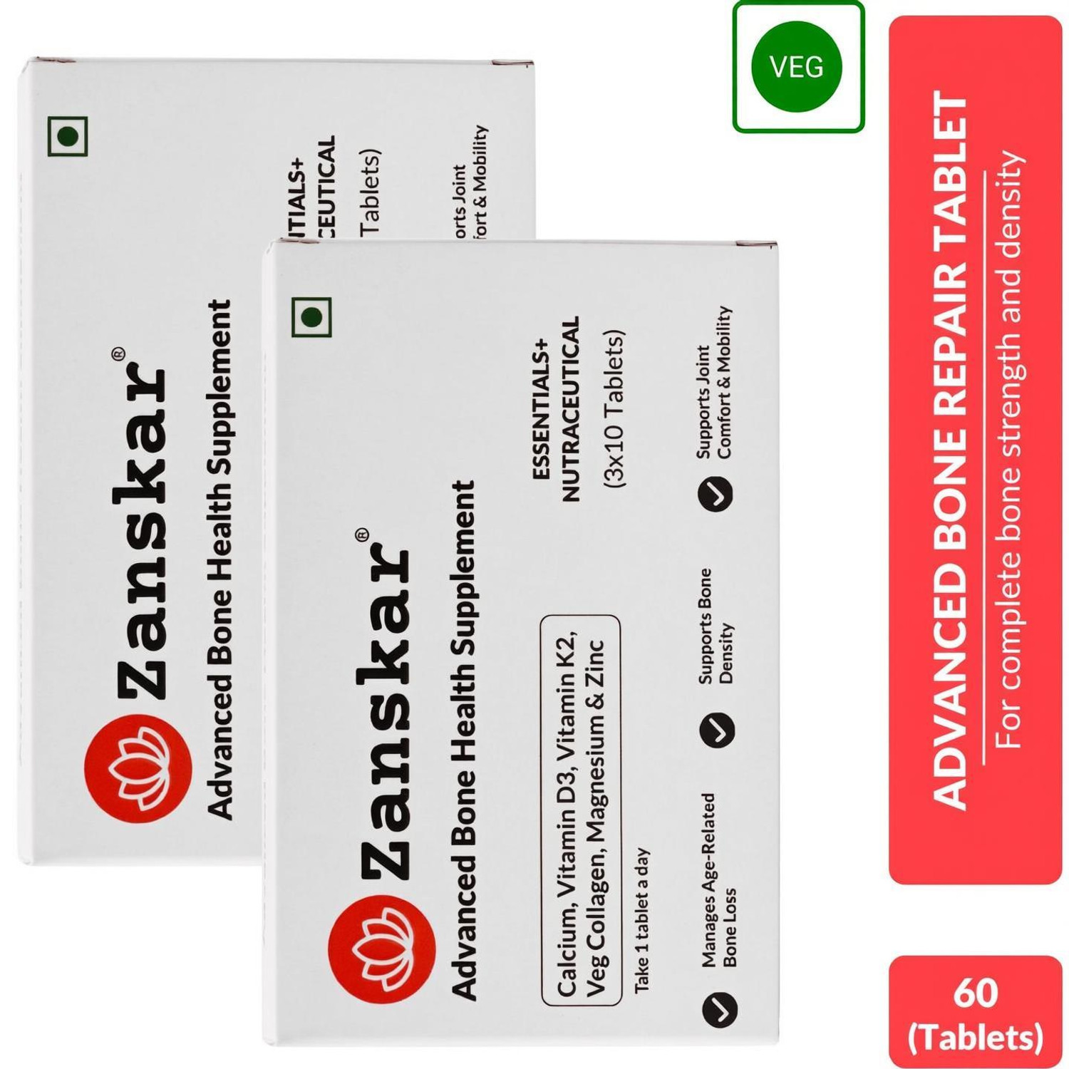 Image of Zanskar Advanced Bone Health Supplement (1200mg) with Calcium,Vitamin D3 & K2 | 100% Veg