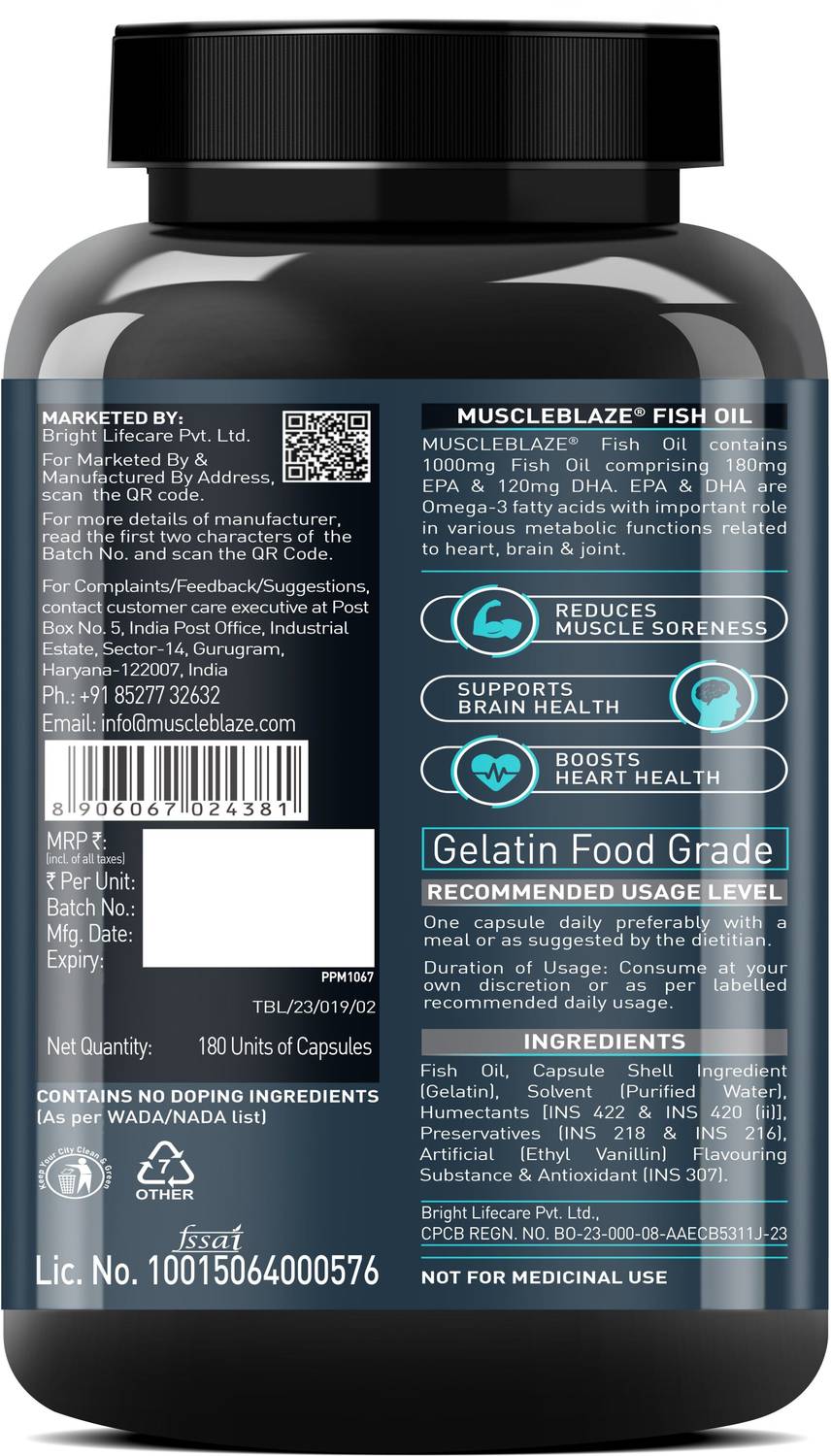 MUSCLEBLAZE Omega 3 Fish Oil 1000 mg (180mg EPA and 120mg DHA) - Image 2