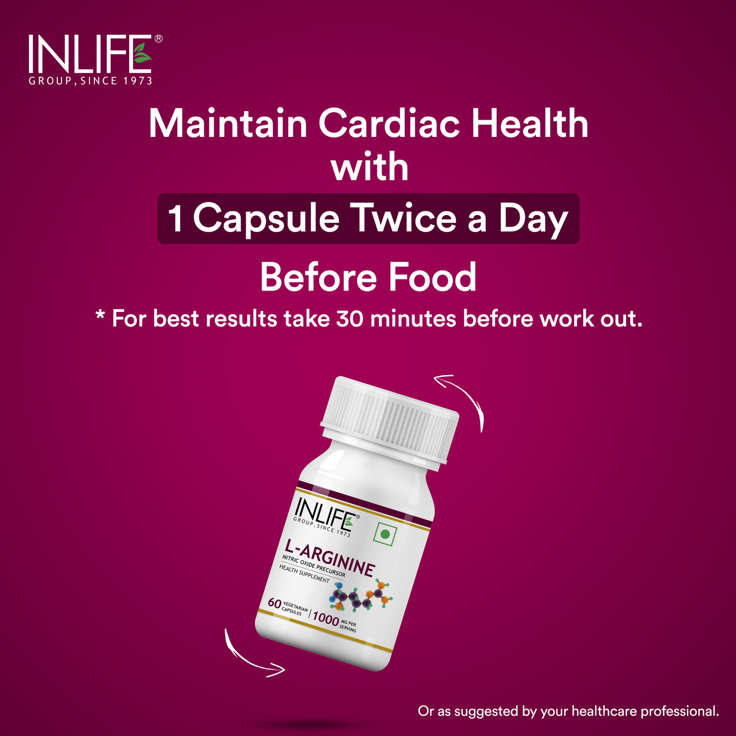Image of INLIFE L-Arginine 1000mg (60 Vegetarian Capsules) Serving, Nitric Oxide Precursor