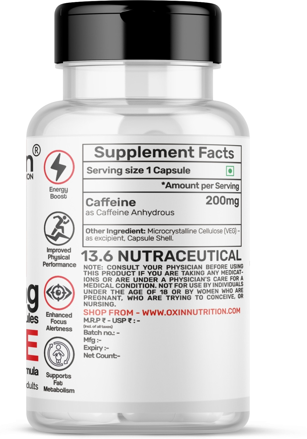 Image of Oxin Nutrition Caffeine 200mg | Energy | Focus | Endurance | Pre Workout