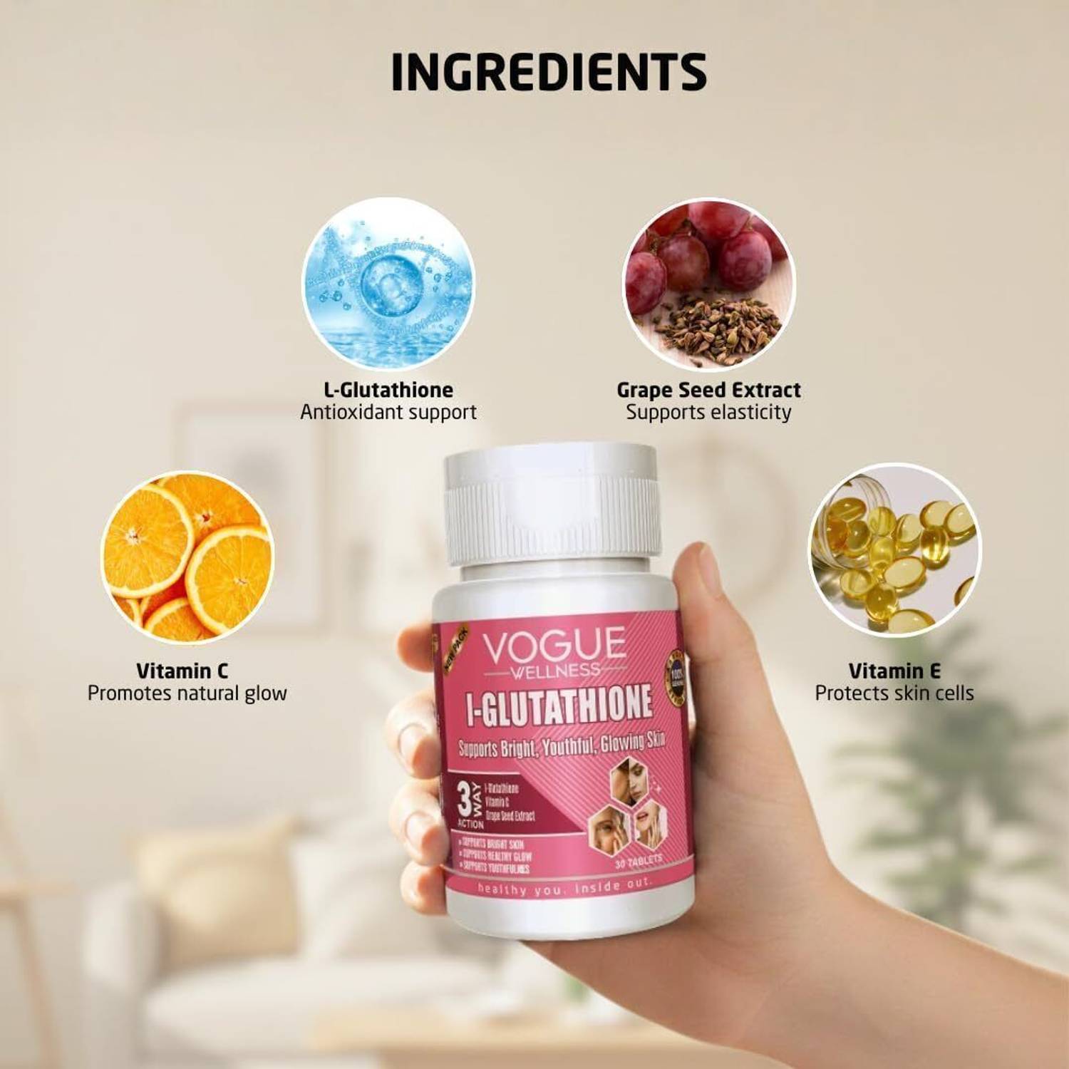 Vogue Wellness L Glutathione Tablets Glowing Skin, Reduce Pigmentation &  Clear Skin Price in India - Buy Vogue Wellness L Glutathione Tablets  Glowing Skin, Reduce Pigmentation & Clear Skin online at Flipkart.com