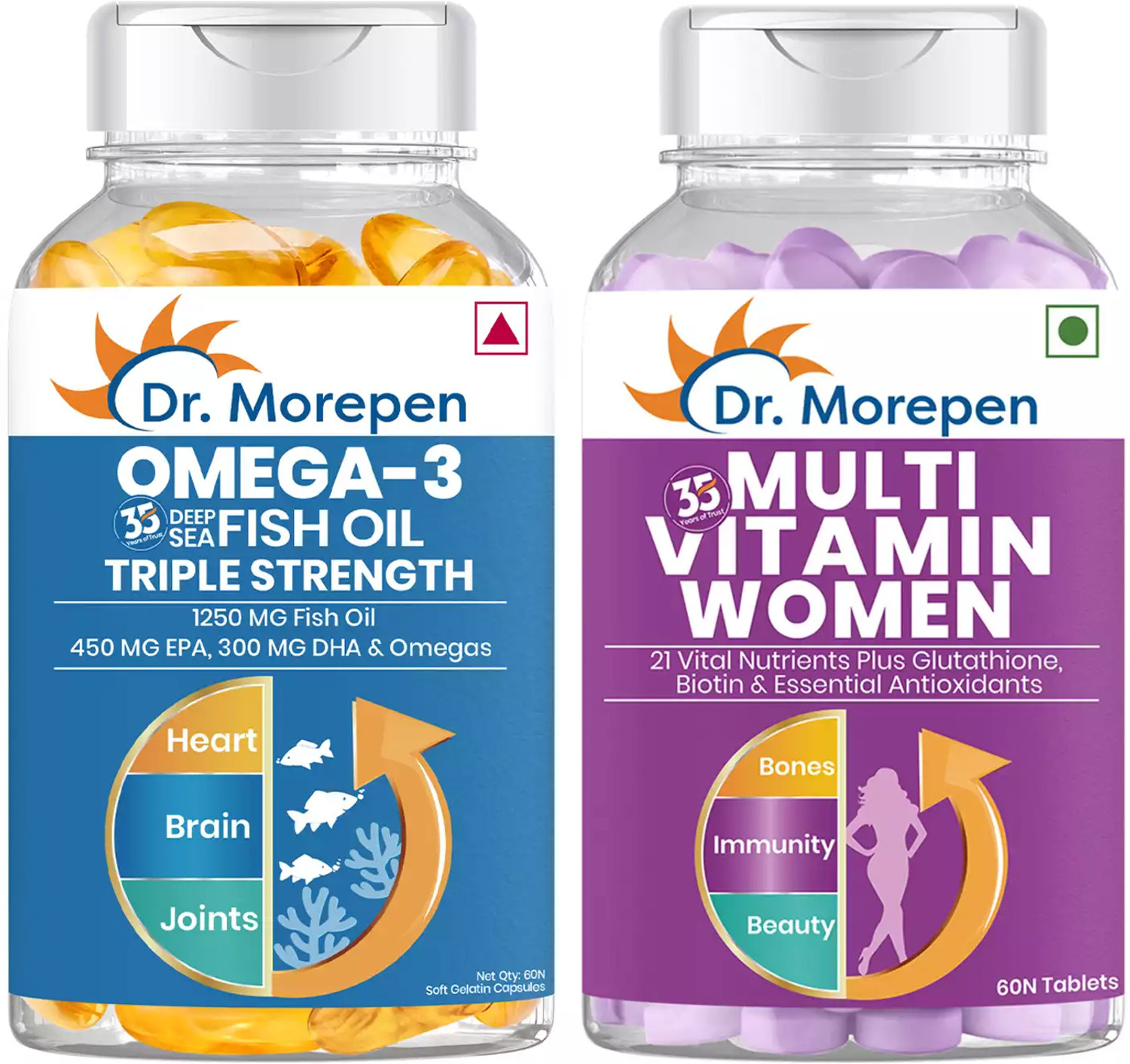 Image of Dr. Morepen Multivitamin Women And Omega 3 Triple Strength For Heart Health, Bones & Joints (120 Tablets)