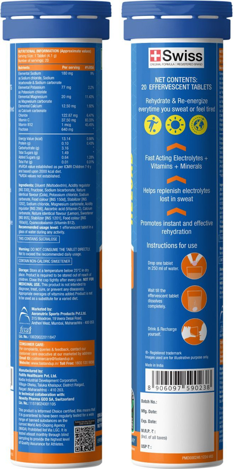 Image of FAST&UP Reload Instant Electrolyte Energy Drink, 20 Effervescent Tablets, Orange Flavor
