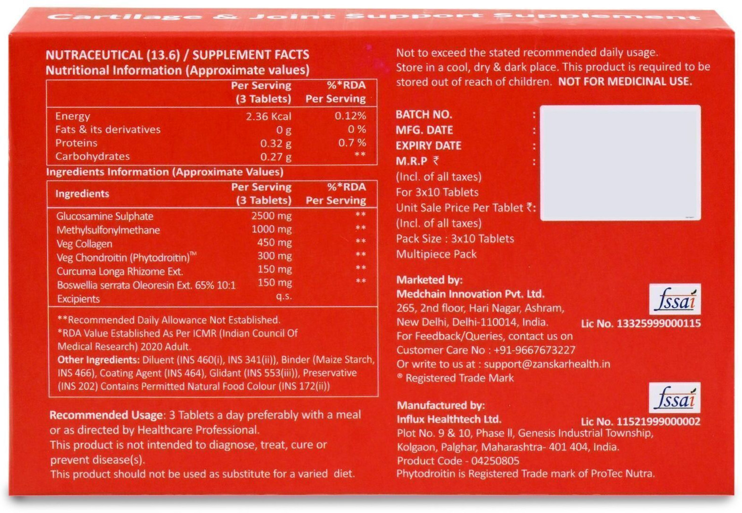 Image of Zanskar Joint Pain & Cartilage Support Tablet (4500mg) with Glucosamine | 100% Veg