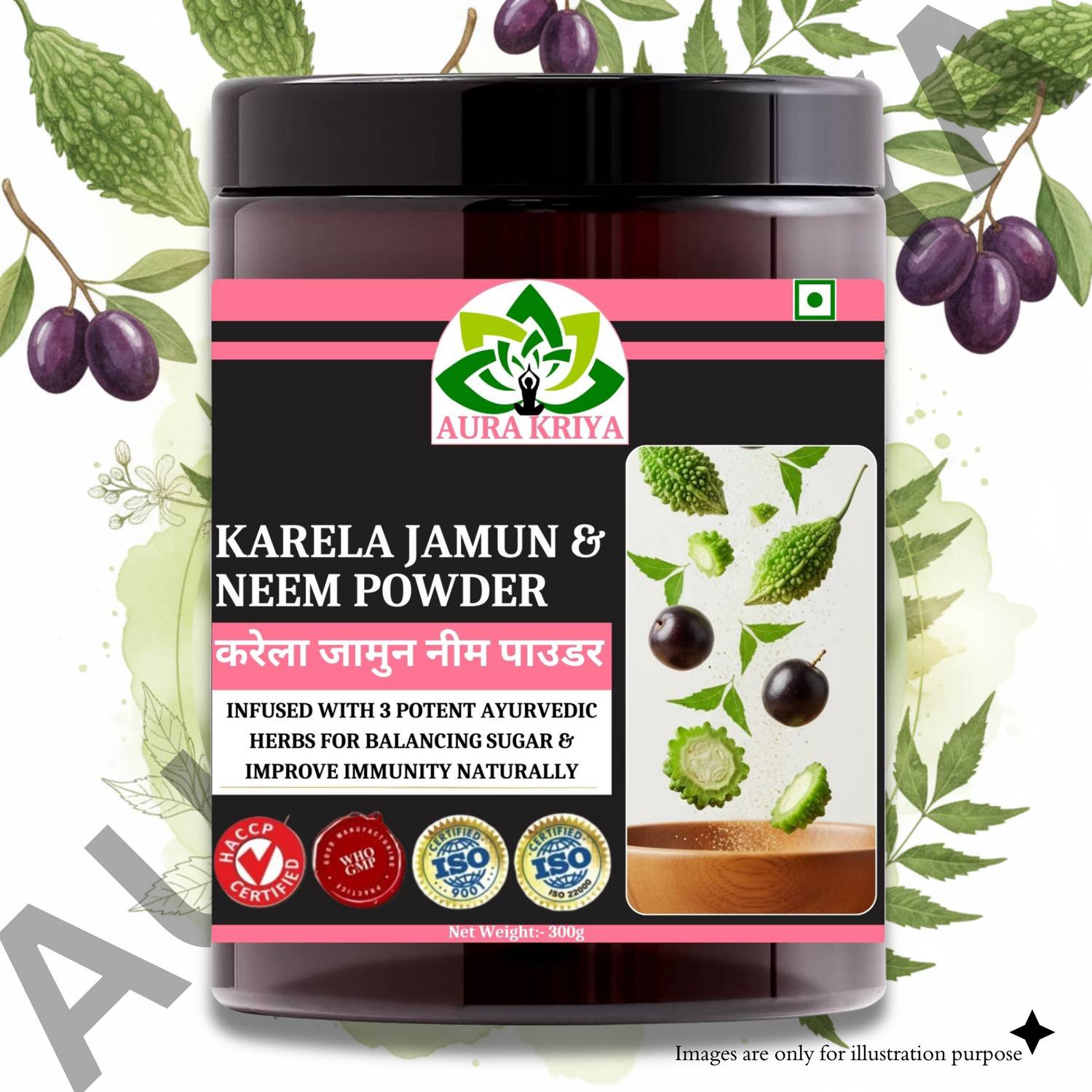 AuraKriya Pure & Ayurvedic Neem Karela Jamun Powder for Maintaining Blood Sugar Levels