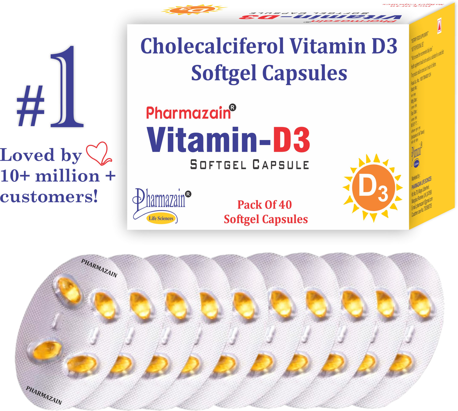 Image of PHARMAZAIN LIFE SCIENCES Vitamin D3 Softgel Capsule for Bone Joint Mental Health Heart Pack Of 40 Capsule