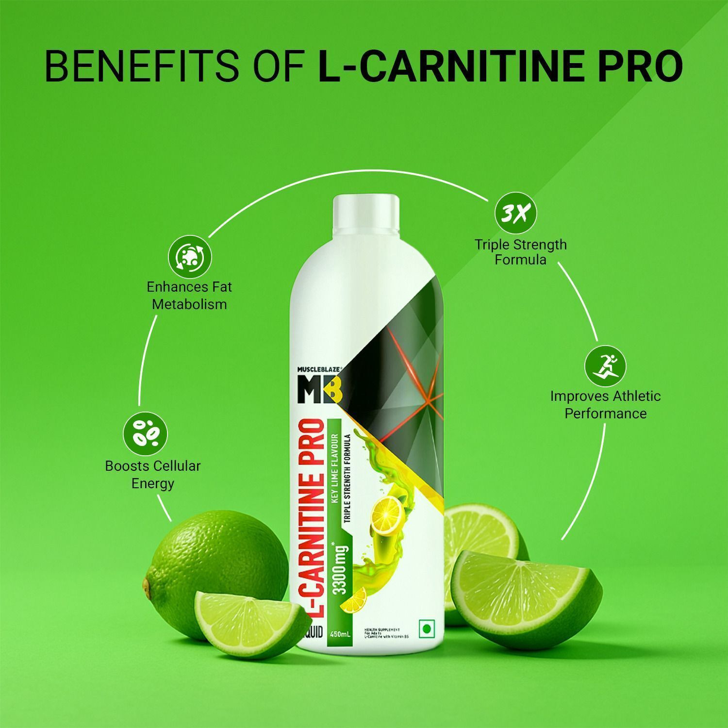 Image of MUSCLEBLAZE Liquid L-Carnitine PRO, 3300mg L- Carnitine, Triple Strength Formula, Key Lime
