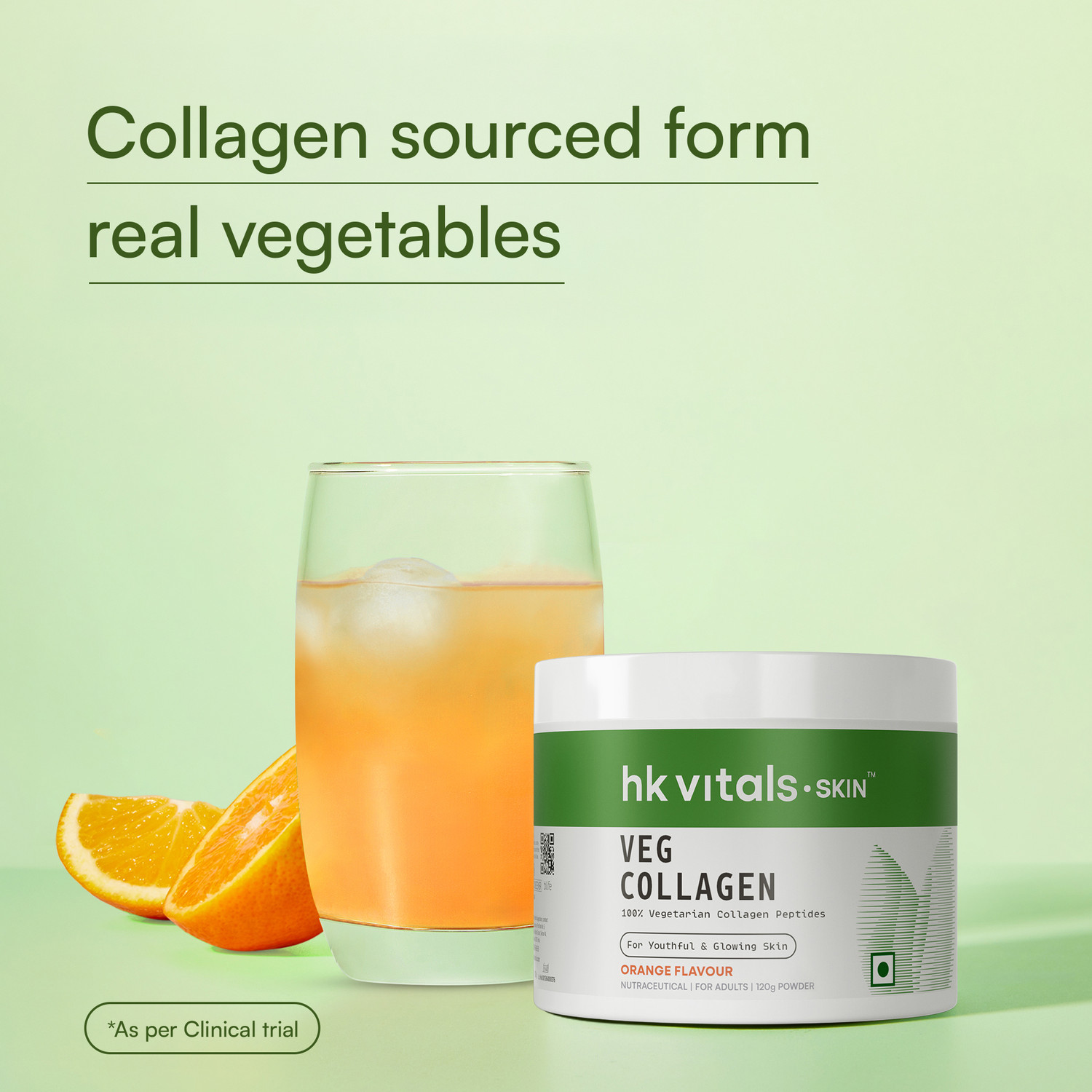 Image of hk vitals Veg Collagen Supplement, Orange + Sipper | Collagen Peptides with Vitamin C, E