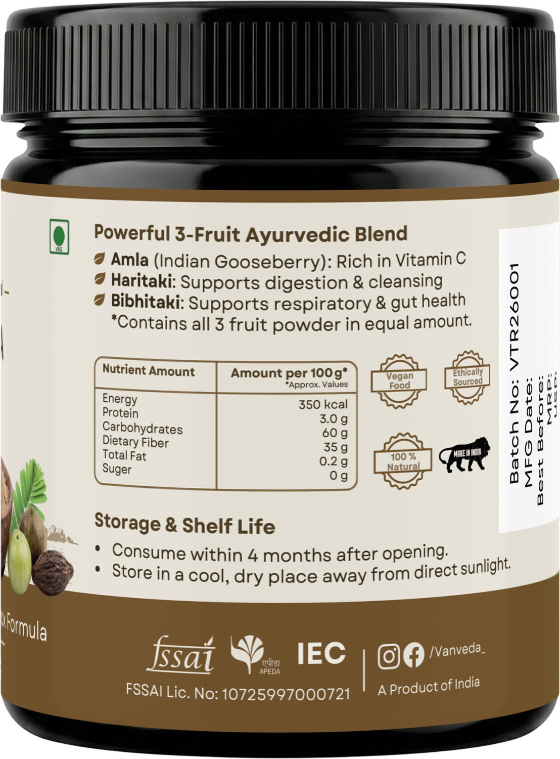 Image of Vanveda Organic Triphala Powder | Promotes Gut Health | Ayurvedic Digestive Support 200G
