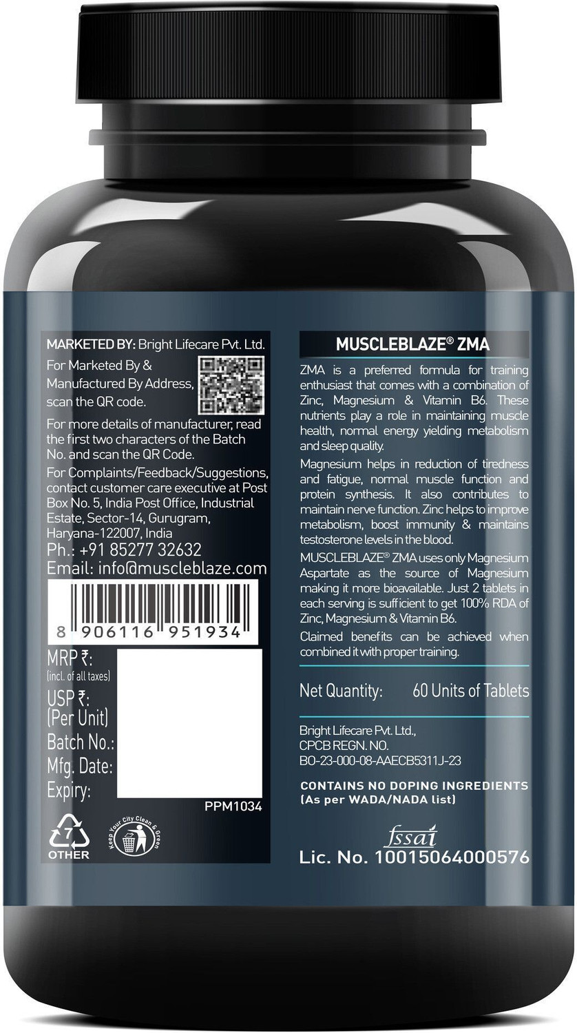Image of MUSCLEBLAZE ZMA ( Zinc, Magnesium Aspartate, Vitamin B6) for Muscle Recovery & Strength