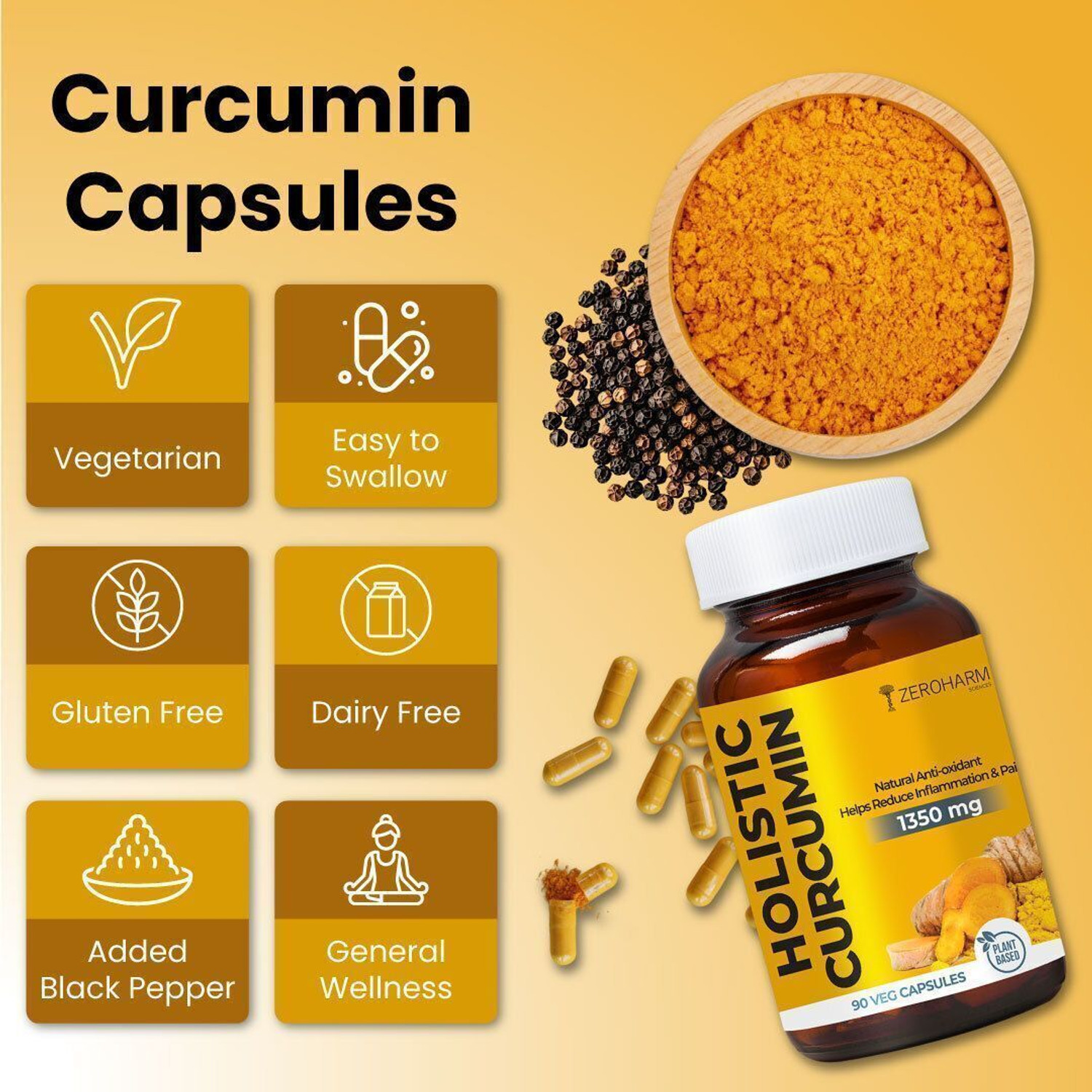 Image of ZEROHARM Holistic Curcumin 95% Curcuminoids, Turmeric & Pepper - Immunity, Joint Support