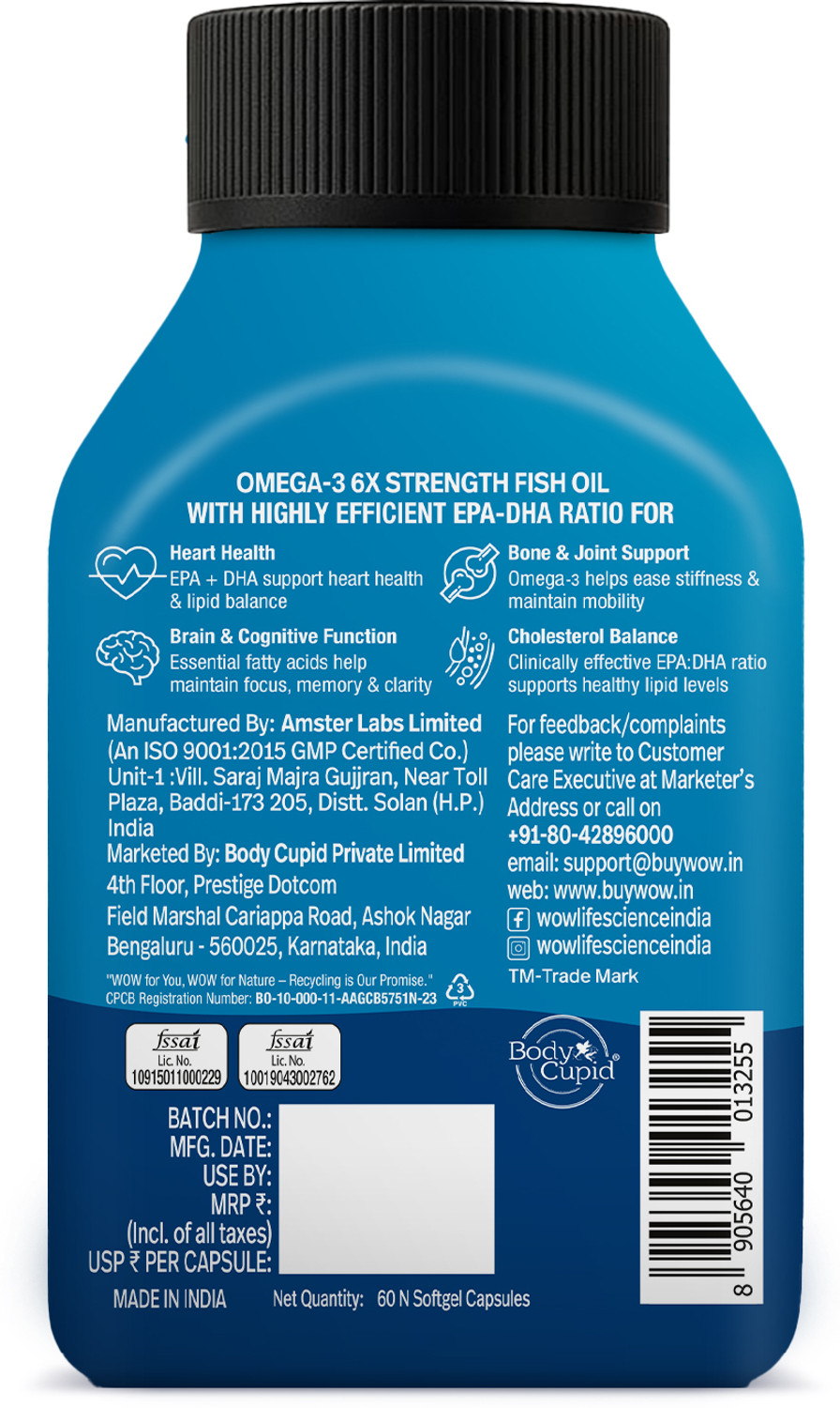 Image of WOW Life Science Omega-3 Fish Oil Softgel Capsules 6x Strength with 1120mg EPA & 840mg DHA