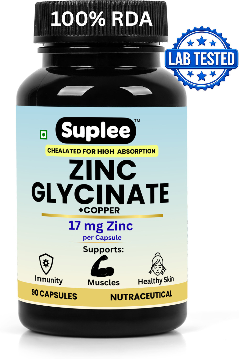 Image of Suplee Zinc Glycinate with Copper Supplement - 17mg Zinc High Absorption Capsules