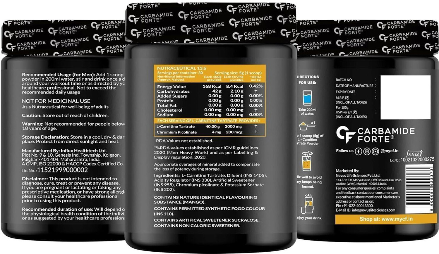 Image of CARBAMIDE FORTE L-Carnitine L-Tartrate Powder Post & Pre Workout Supplement - 2000mg